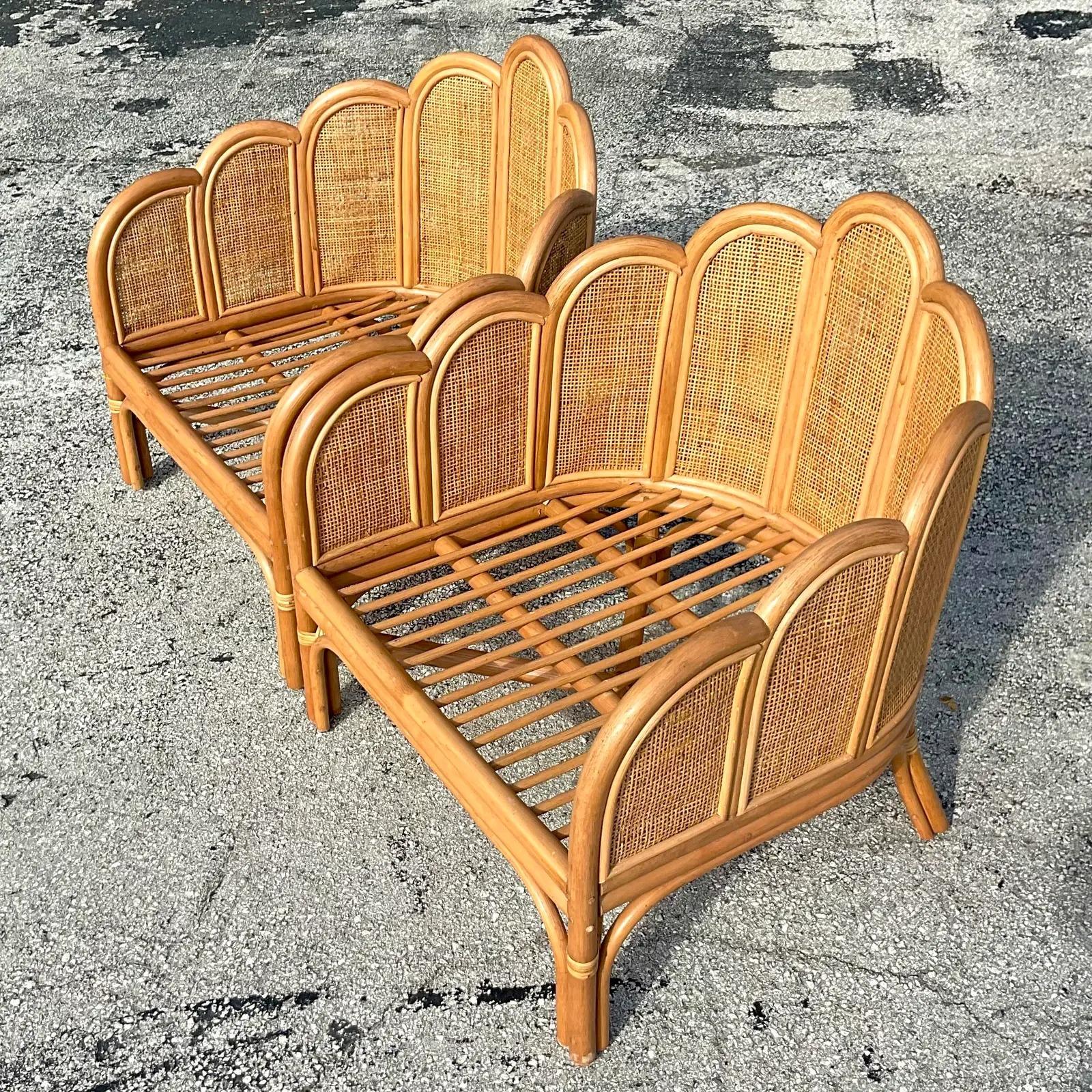 Contemporary Coastal Scalloped Cane Rattan Lounge Chairs, Pair In Good Condition In west palm beach, FL