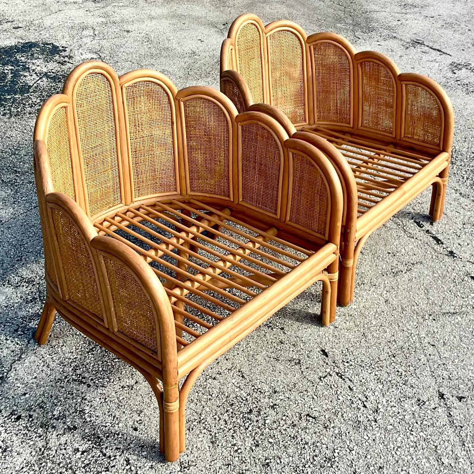 20th Century Contemporary Coastal Scalloped Cane Rattan Lounge Chairs, Pair