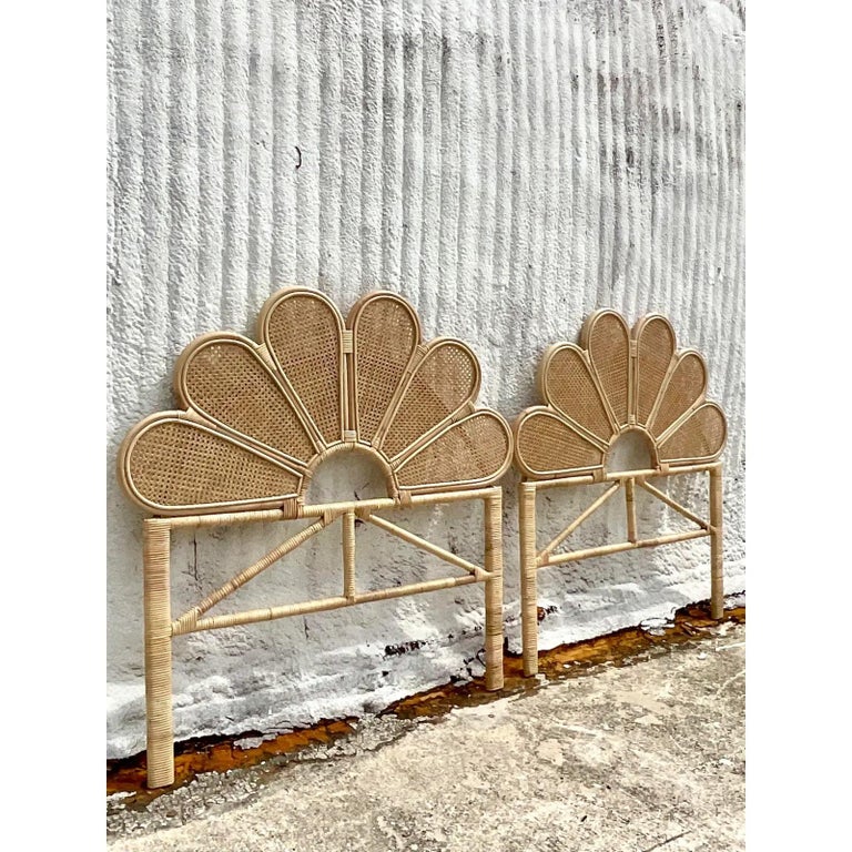 Contemporary Coastal Scalloped Cane Twin Headboards, Pair For Sale at