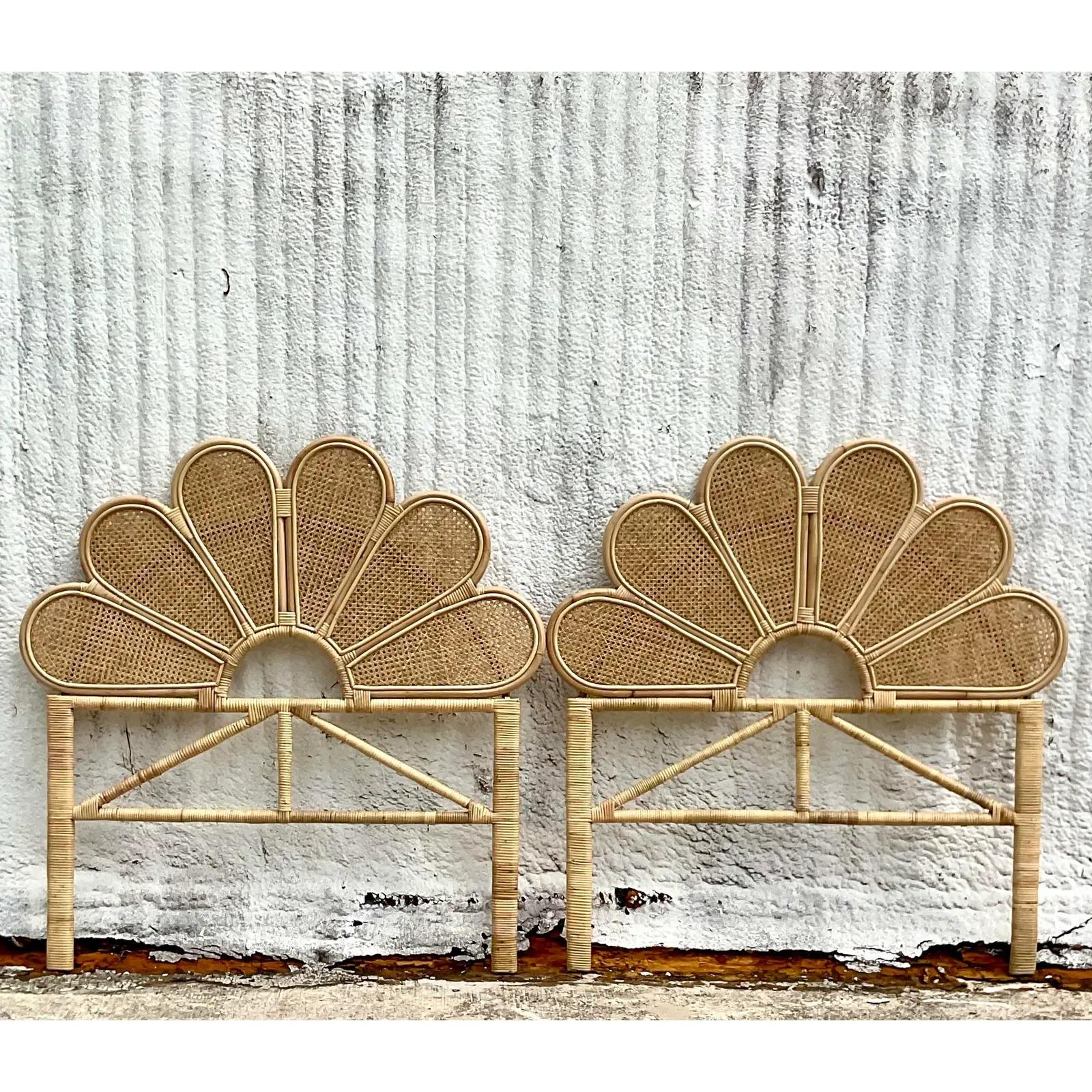 Contemporary Coastal Scalloped Cane Twin Headboards, Pair In Good Condition In west palm beach, FL