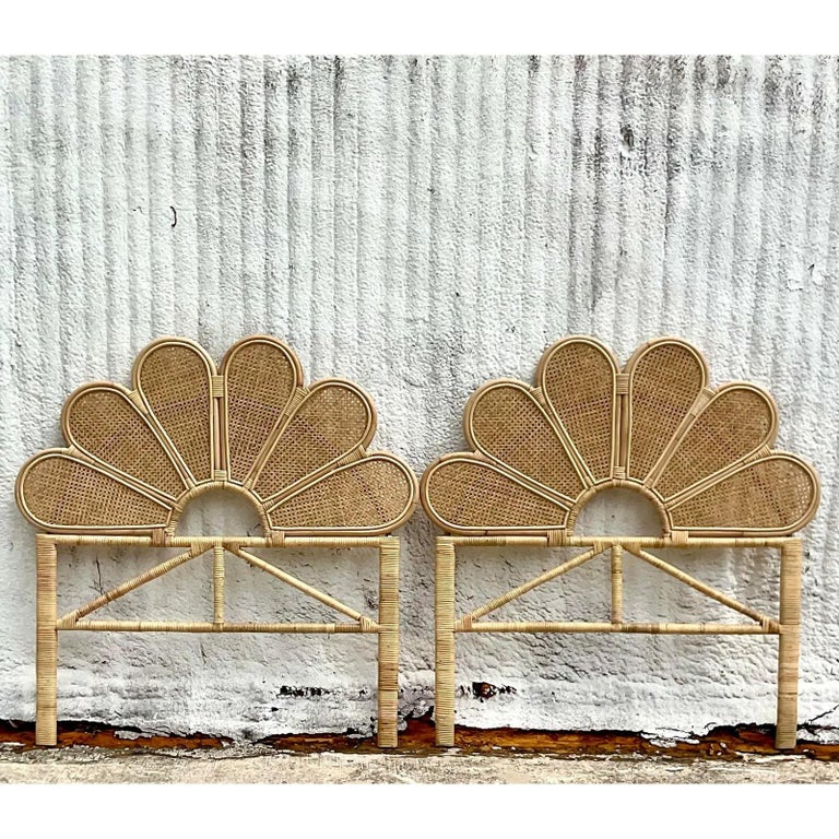 Contemporary Coastal Scalloped Cane Twin Headboards, Pair For Sale at