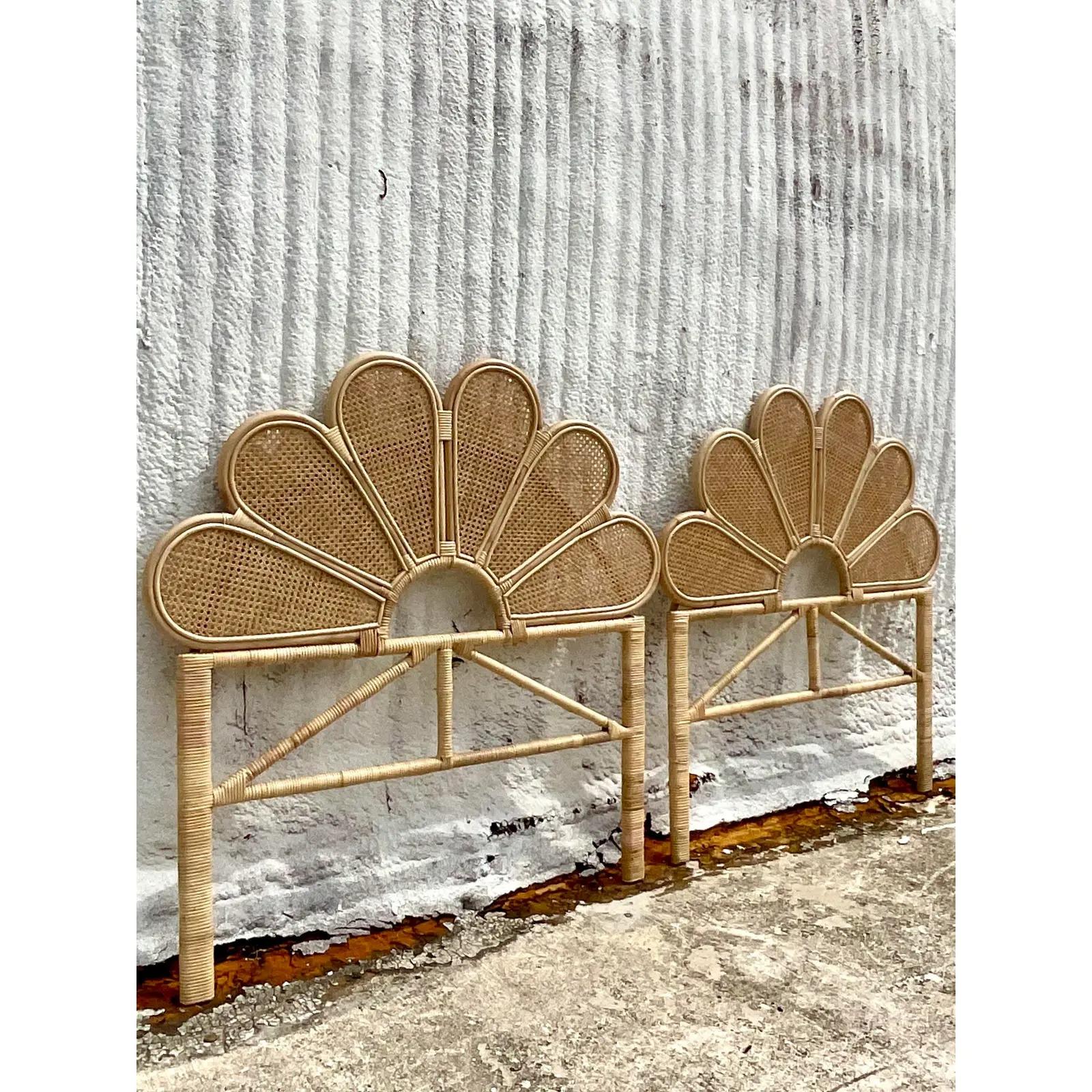 Contemporary Coastal Scalloped Cane Twin Headboards, Pair 1