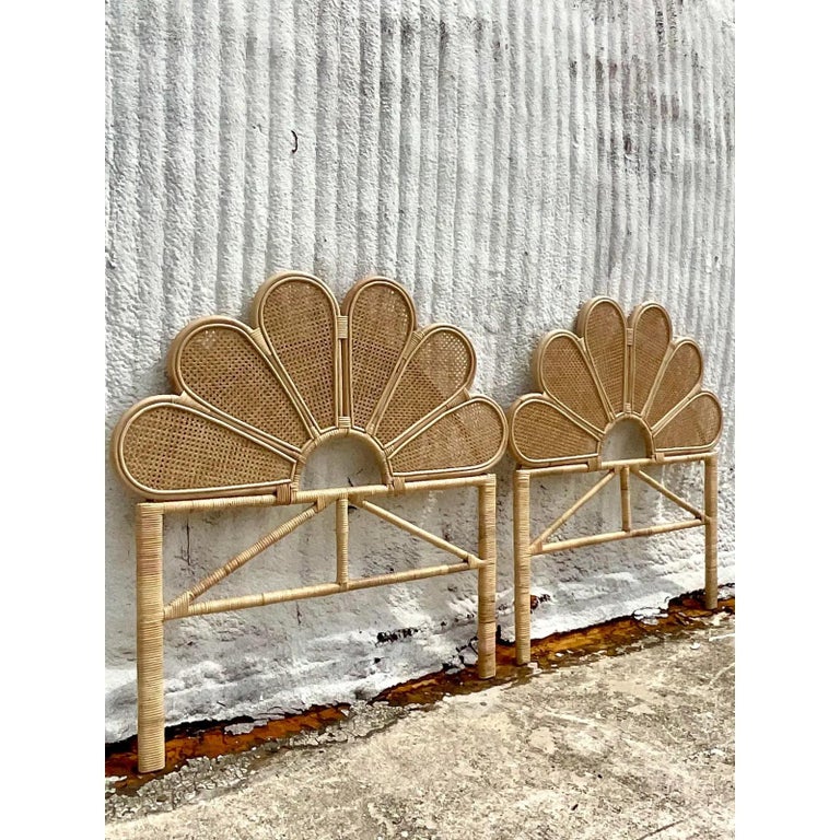 Contemporary Coastal Scalloped Cane Twin Headboards, Pair For Sale at