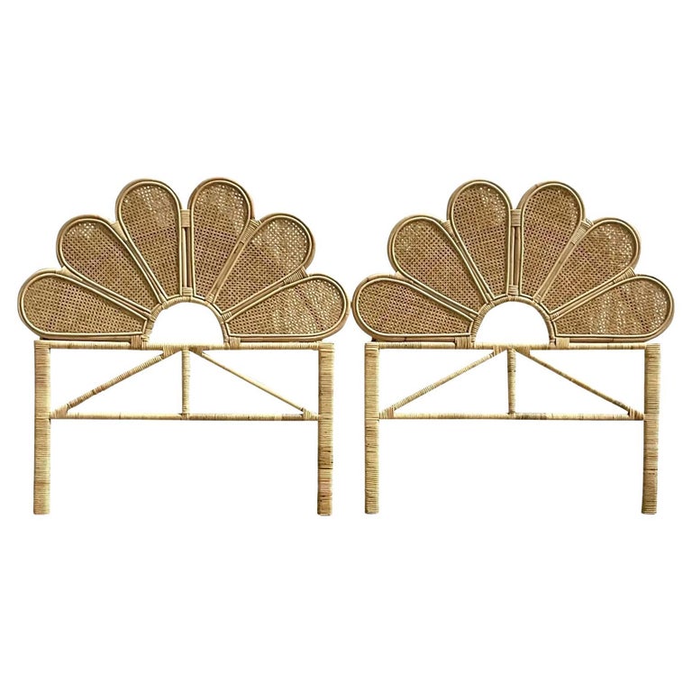 Contemporary Coastal Scalloped Cane Twin Headboards, Pair For Sale at