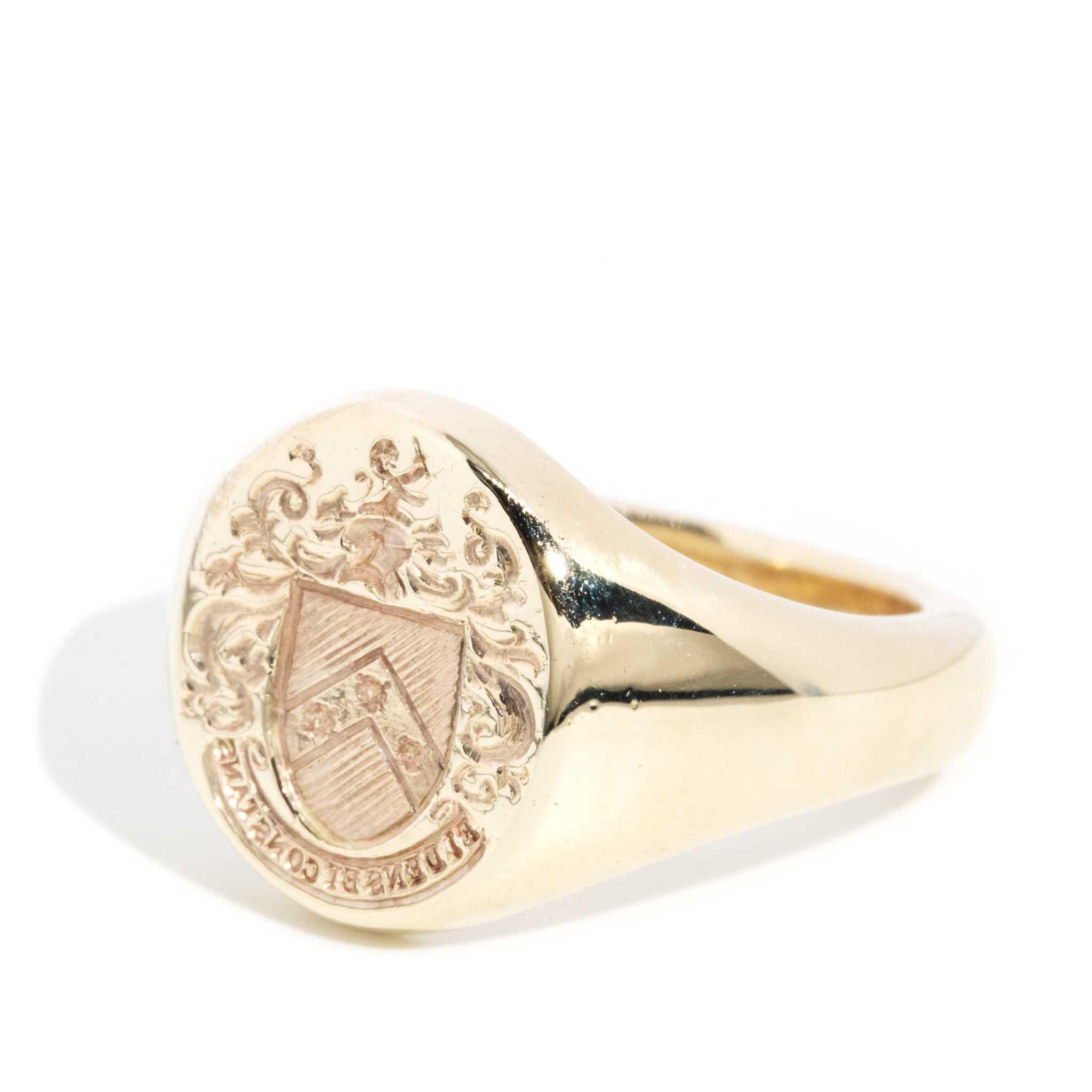 Contemporary Coat of Arms Mens Domed Oval Signet Ring 9 Carat Yellow Gold For Sale 1