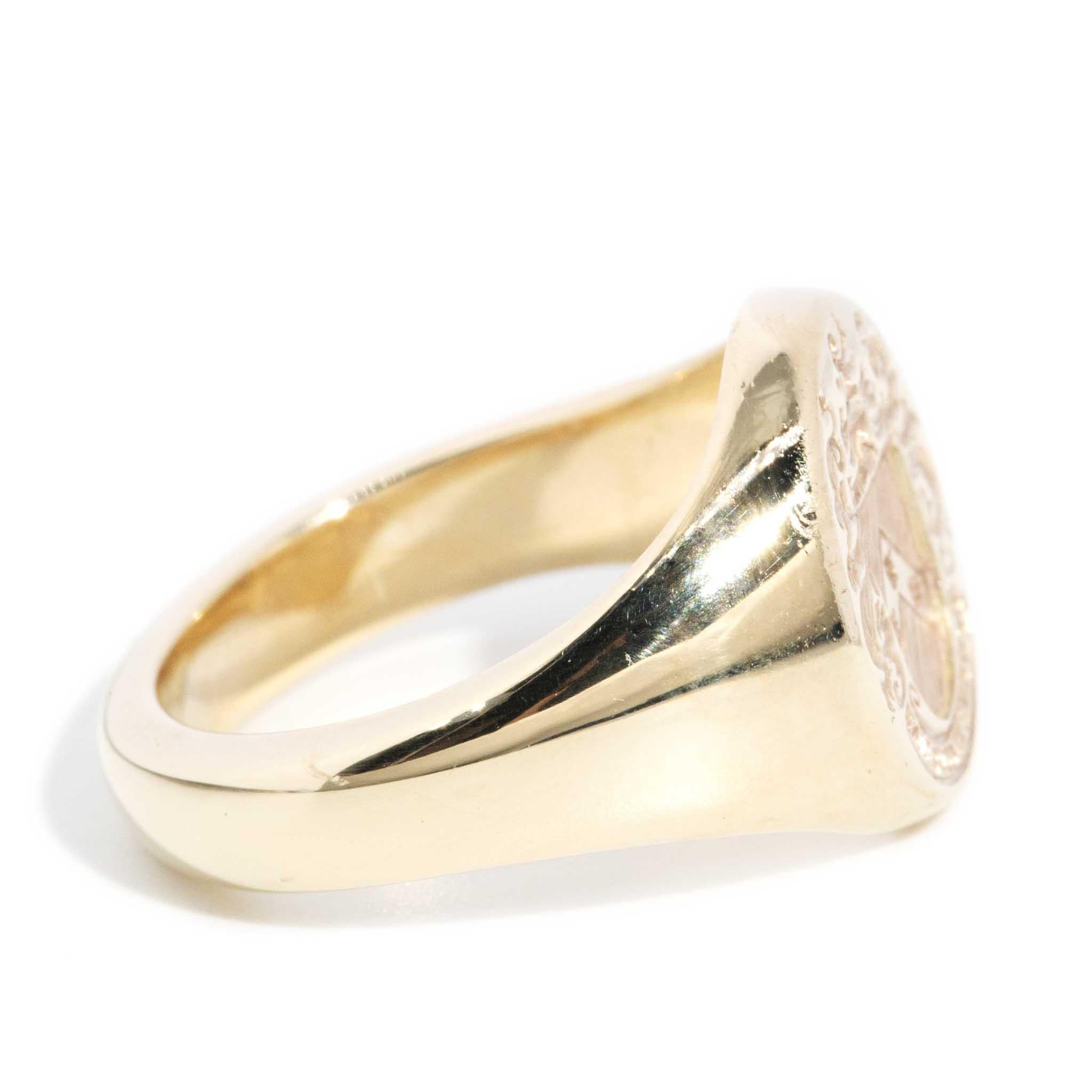 Contemporary Coat of Arms Mens Domed Oval Signet Ring 9 Carat Yellow Gold For Sale 3