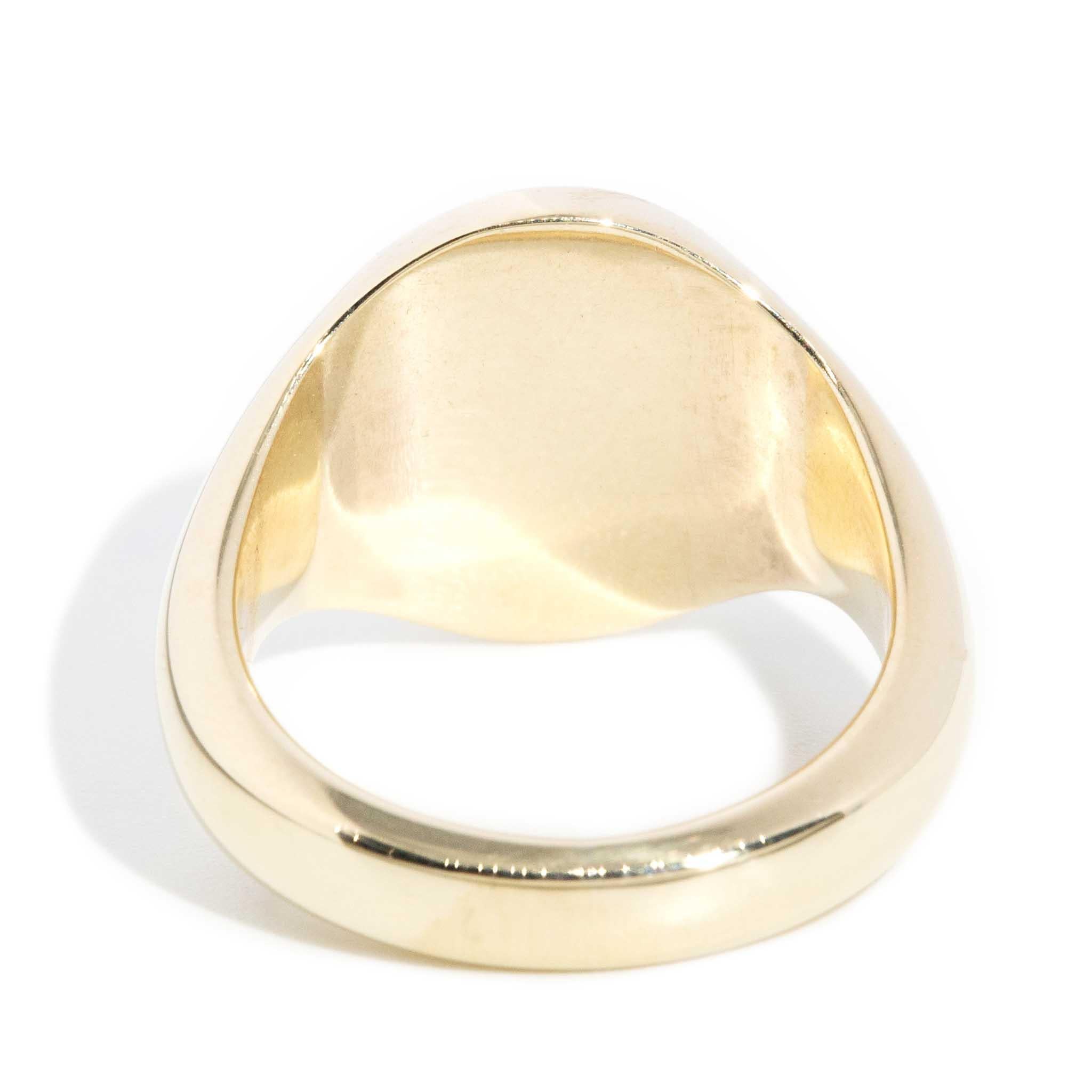 Contemporary Coat of Arms Mens Domed Oval Signet Ring 9 Carat Yellow Gold For Sale 5