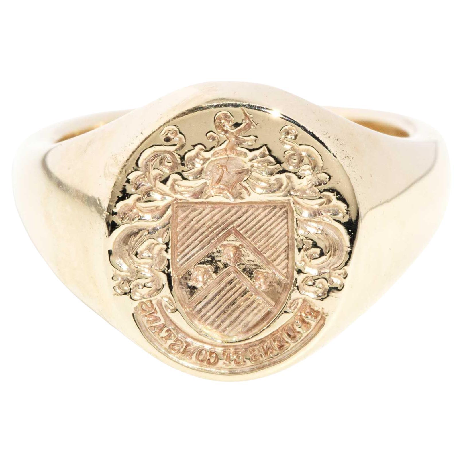 Contemporary Coat of Arms Mens Domed Oval Signet Ring 9 Carat Yellow Gold For Sale