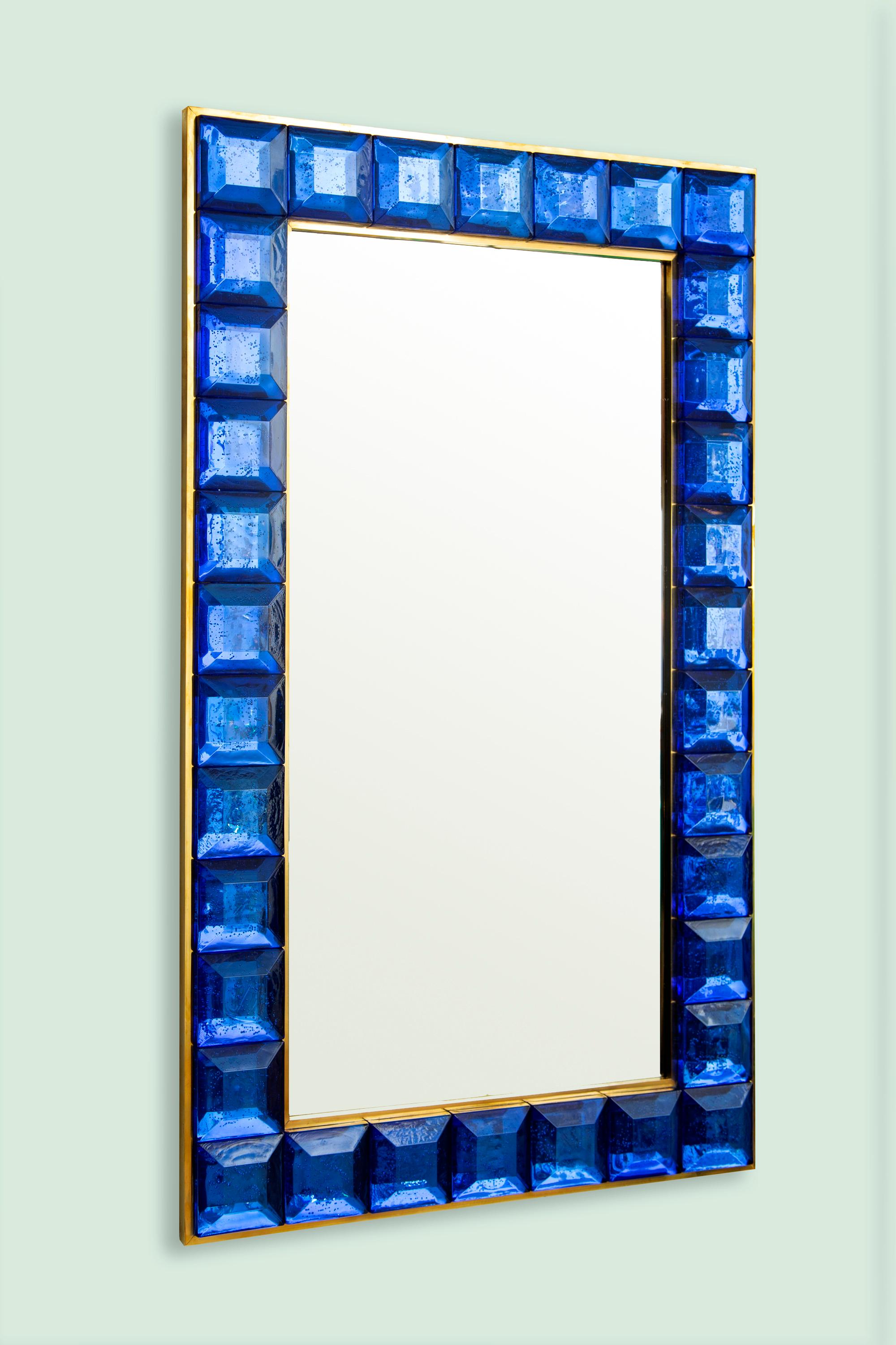 Mid-Century Modern Contemporary Cobalt Blue Diamond Murano Glass Mirror, in Stock