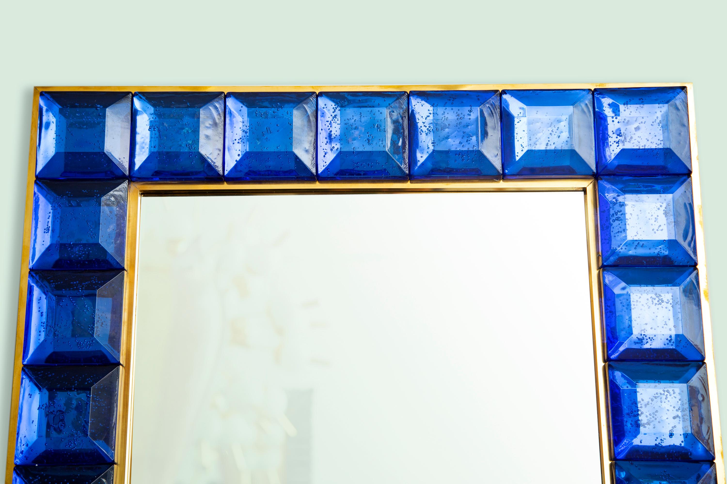 Italian Contemporary Cobalt Blue Diamond Murano Glass Mirror, in Stock