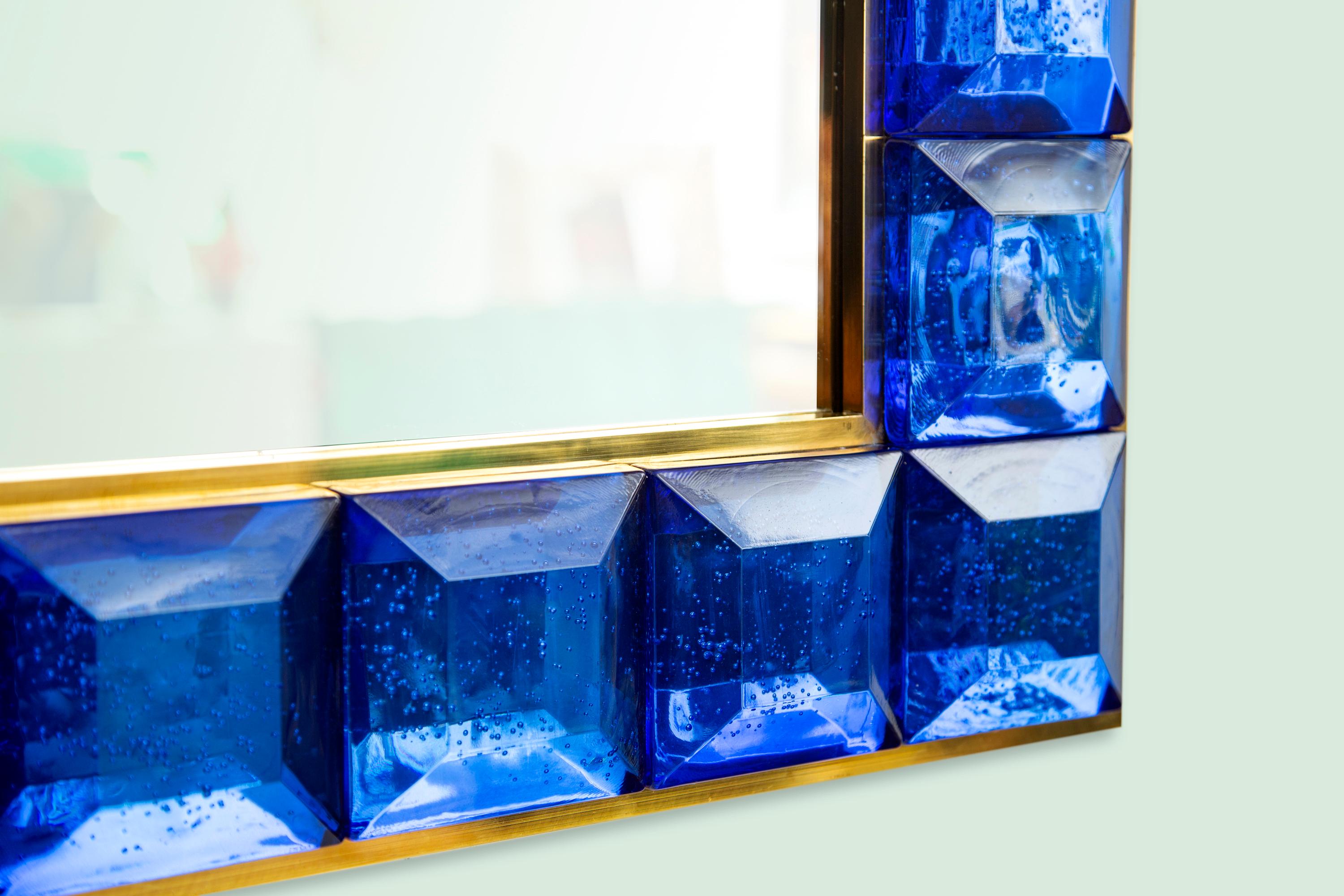 Contemporary Cobalt Blue Diamond Murano Glass Mirror, in Stock In Excellent Condition In Miami, FL