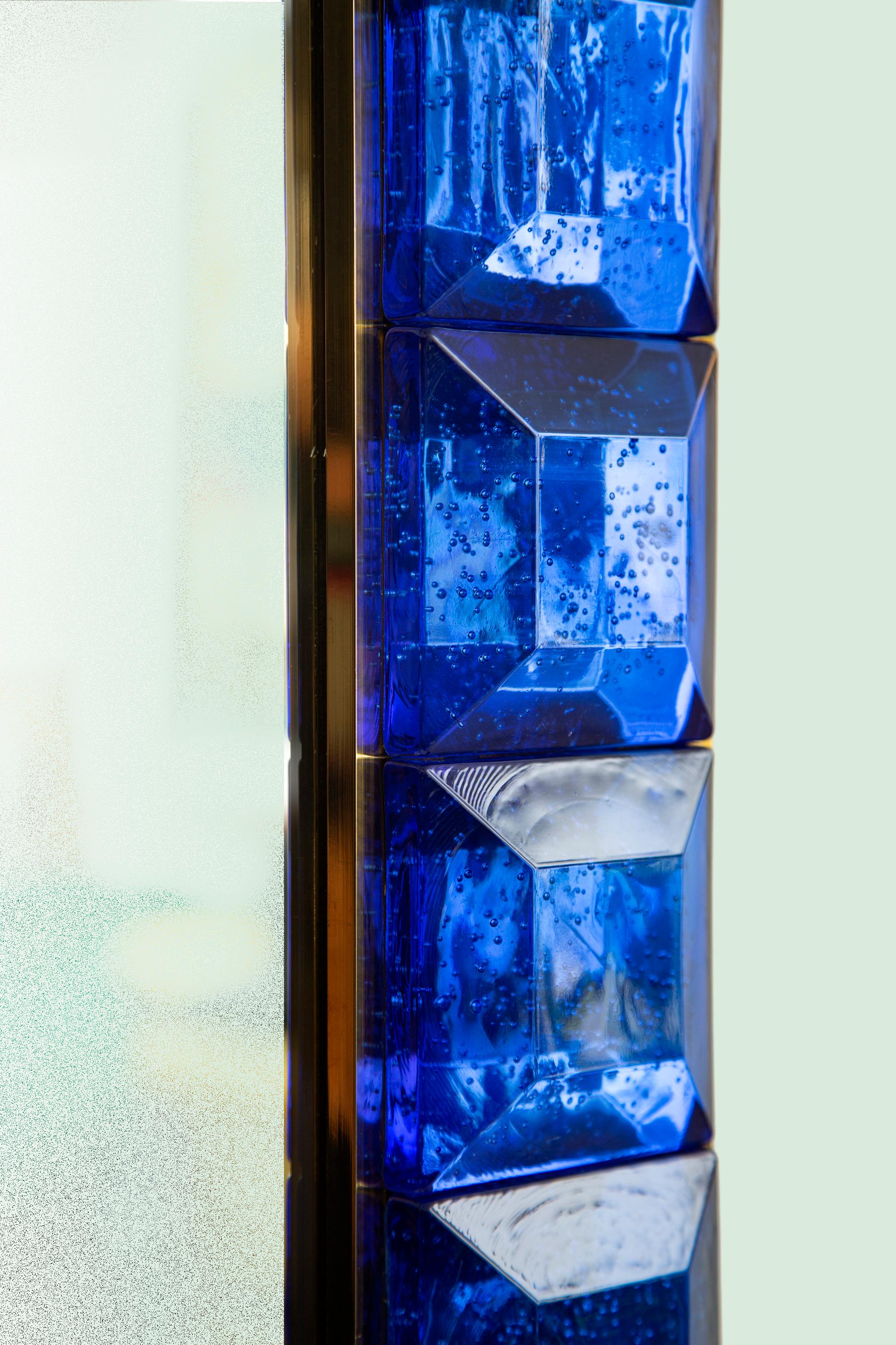 Brass Contemporary Cobalt Blue Diamond Murano Glass Mirror, in Stock