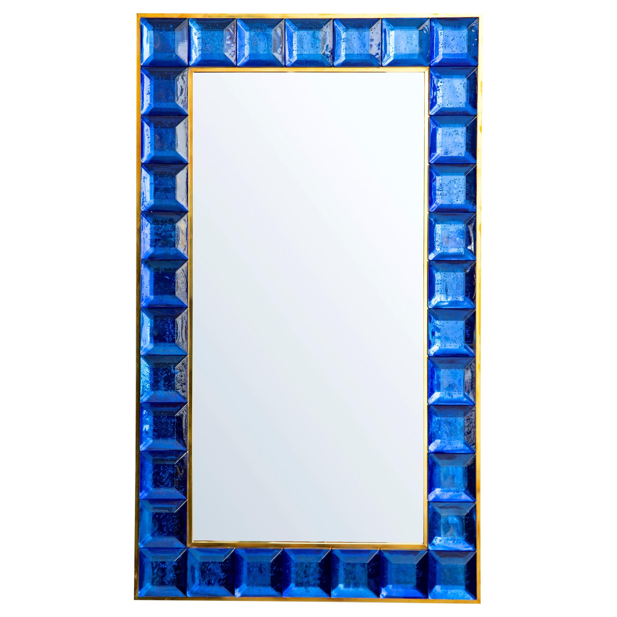 Contemporary Cobalt Blue Diamond Murano Glass Mirror, in Stock