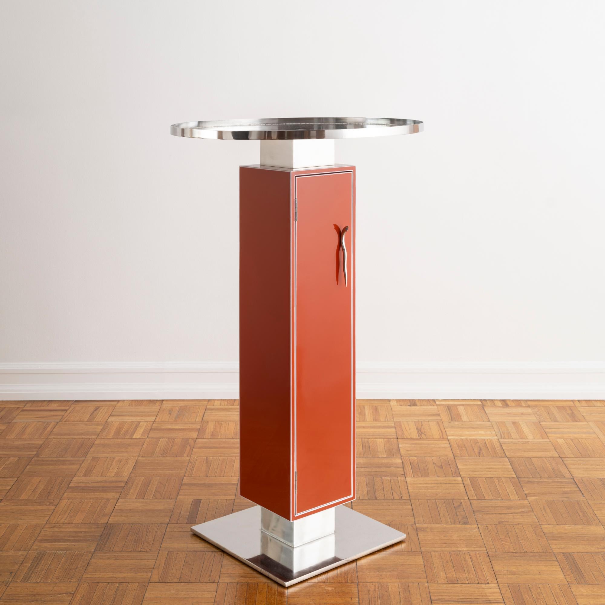 Woodwork Lacquered Cocktail Stand with Stainless Steel and Glass Accents For Sale