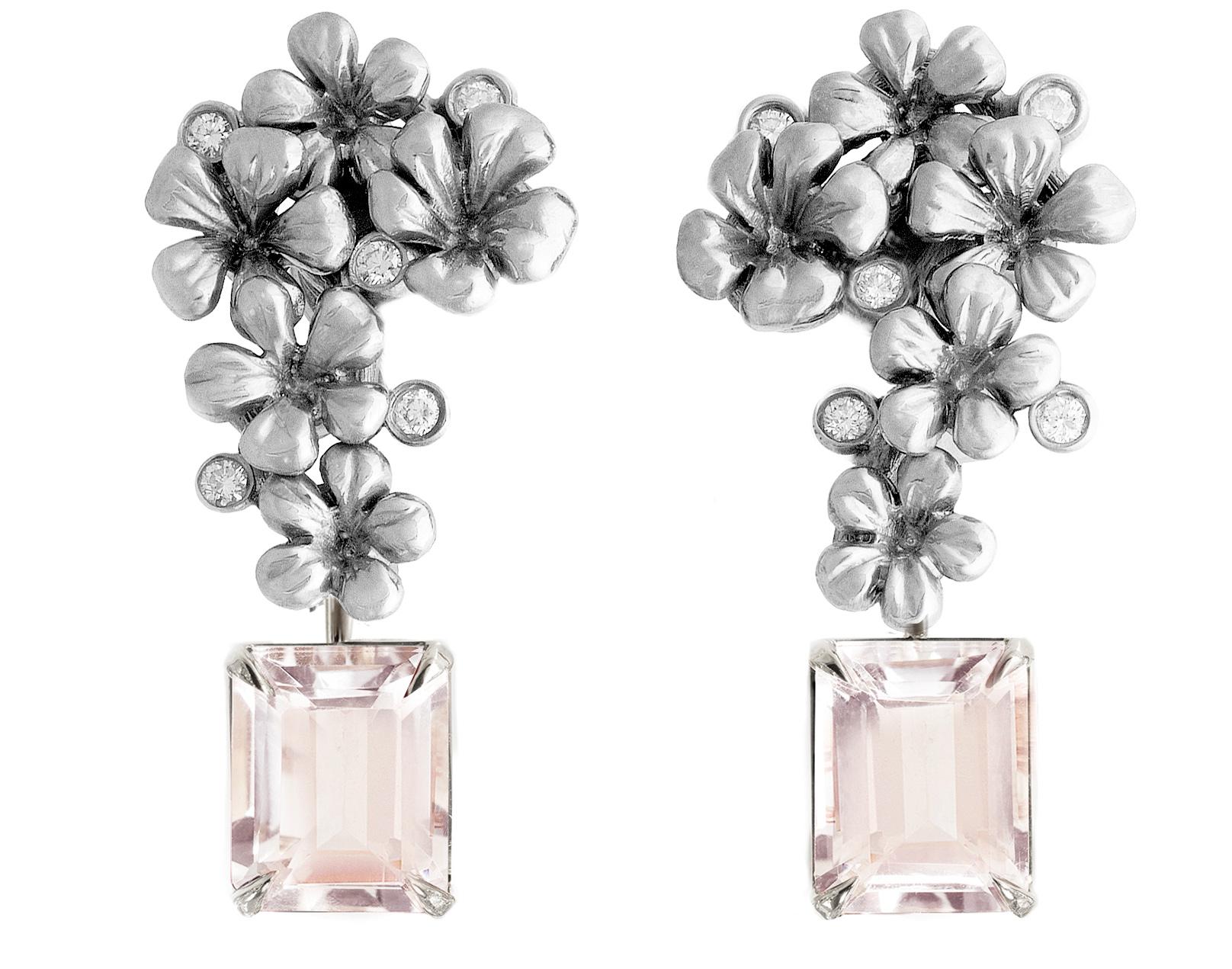 Contemporary Cocktail Earrings in 18 Karat White Gold with Light Pink Morganites For Sale 2