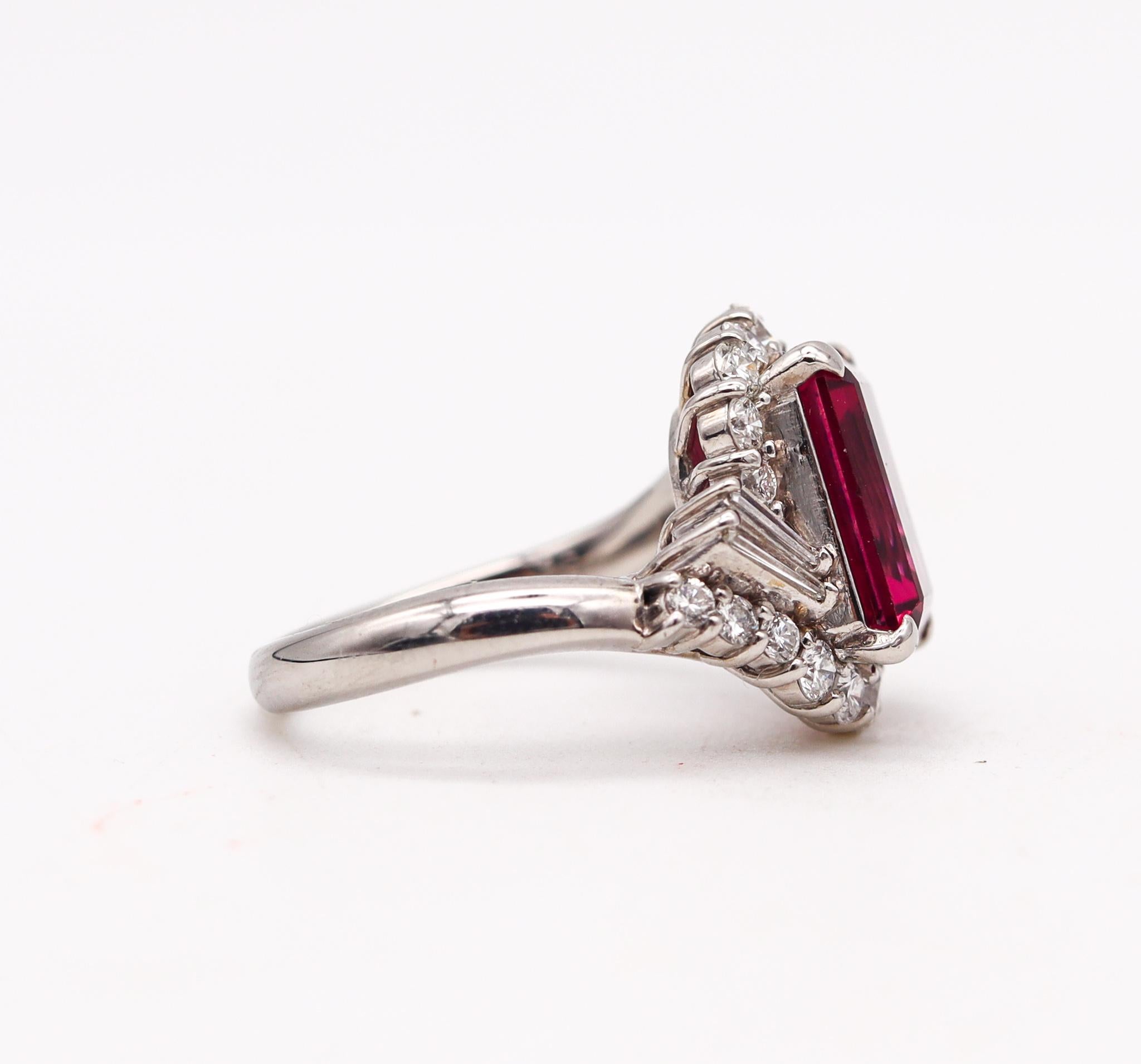 Emerald Cut Contemporary Cocktail Ring in Platinum with 6.69 Cts in Diamonds & Rubellite