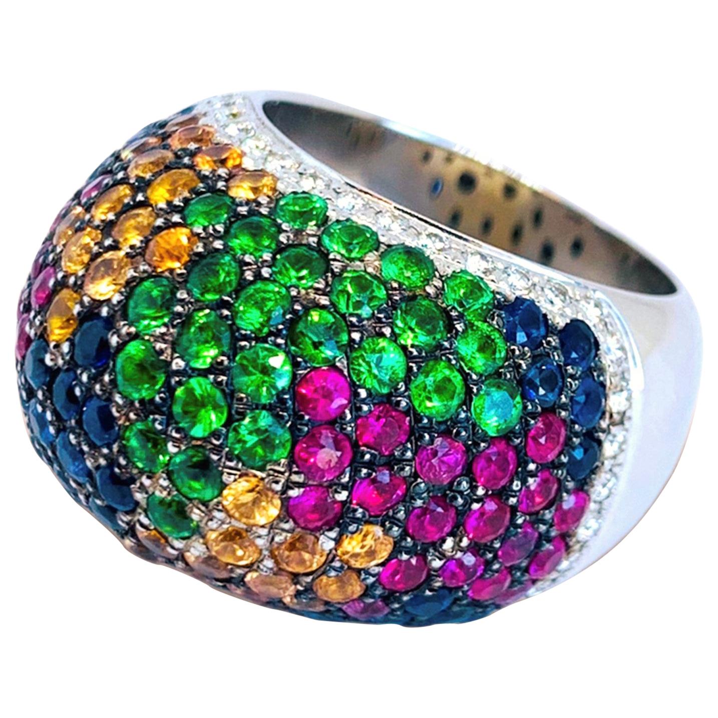 Round Cut Rosior one-off Diamond, Sapphire and Tsavorite Cocktail Ring set in White Gold 
