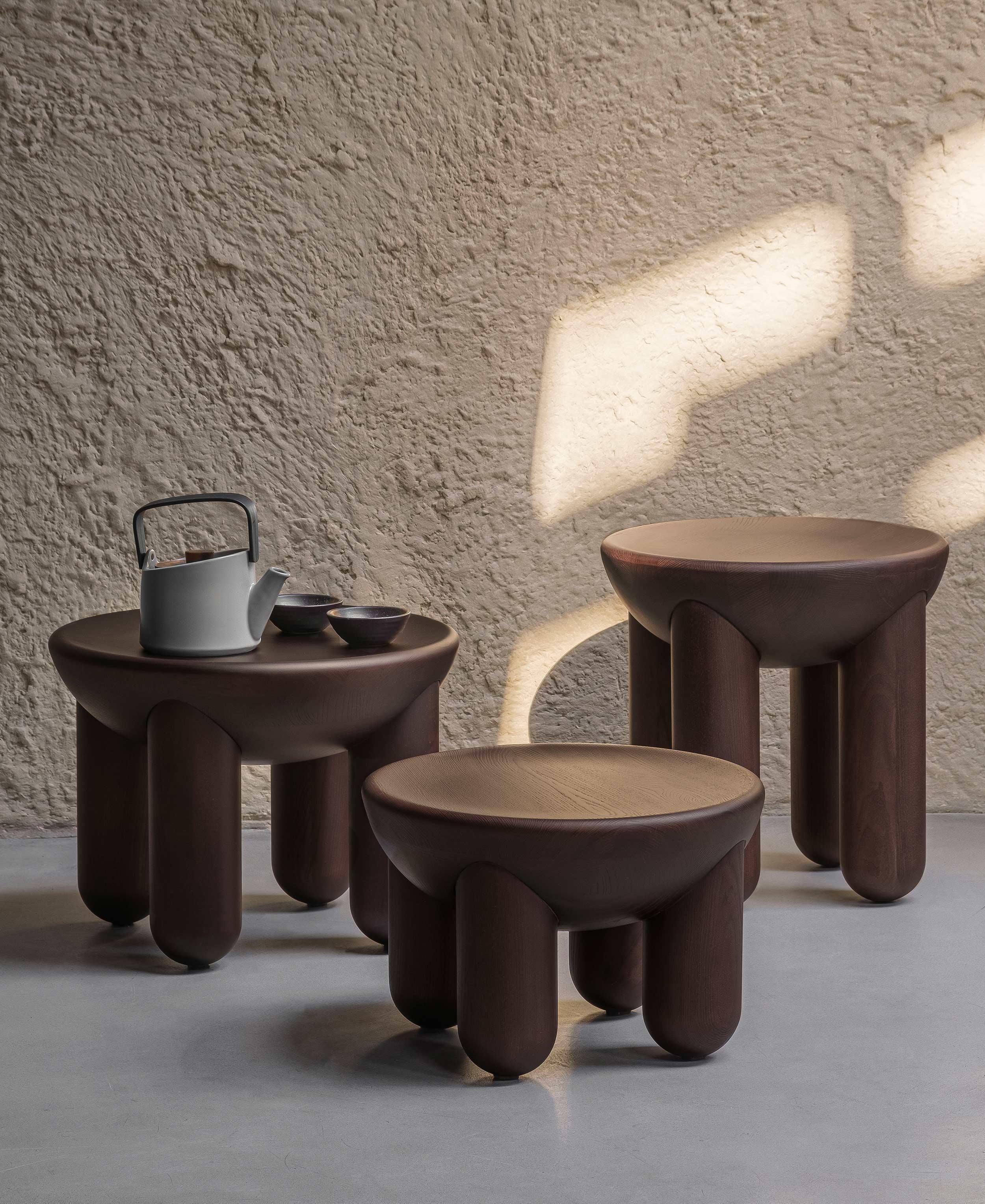 Contemporary Coffee or Side Table 'Freyja 3' by Noom
Finish: Thermo Ash
Designer: Kateryna Sokolova

Materials: Ashwood, Walnut, Thermo ash, Thermo oak
Colors for ashwood: Black stained, brown stained, natural
Dimensions: H 44 cm, Ø 40 cm.

Gently