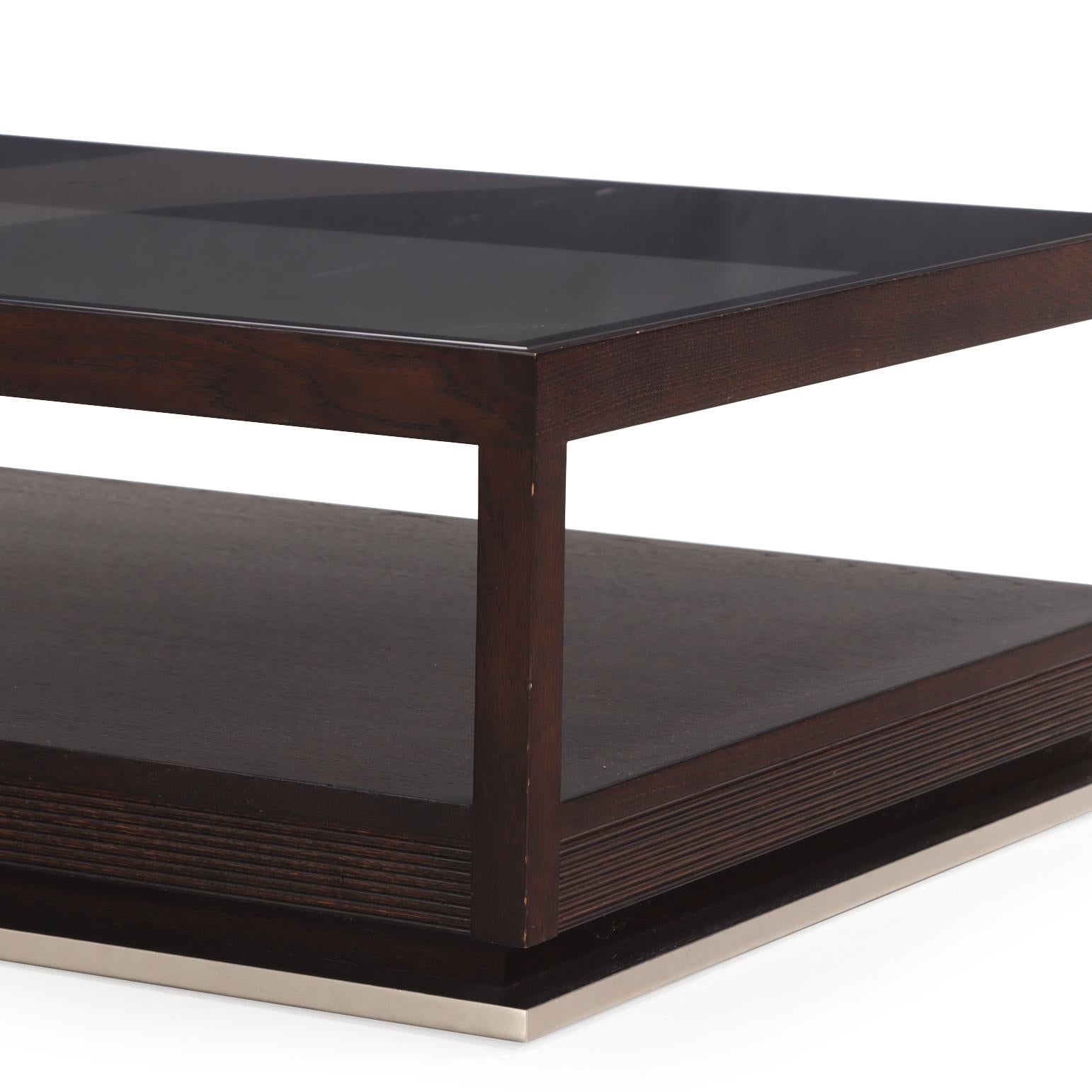 Mid-Century Modern Contemporary Coffee Table, Attributed to Minotti, Glass Top with Espresso Frame For Sale