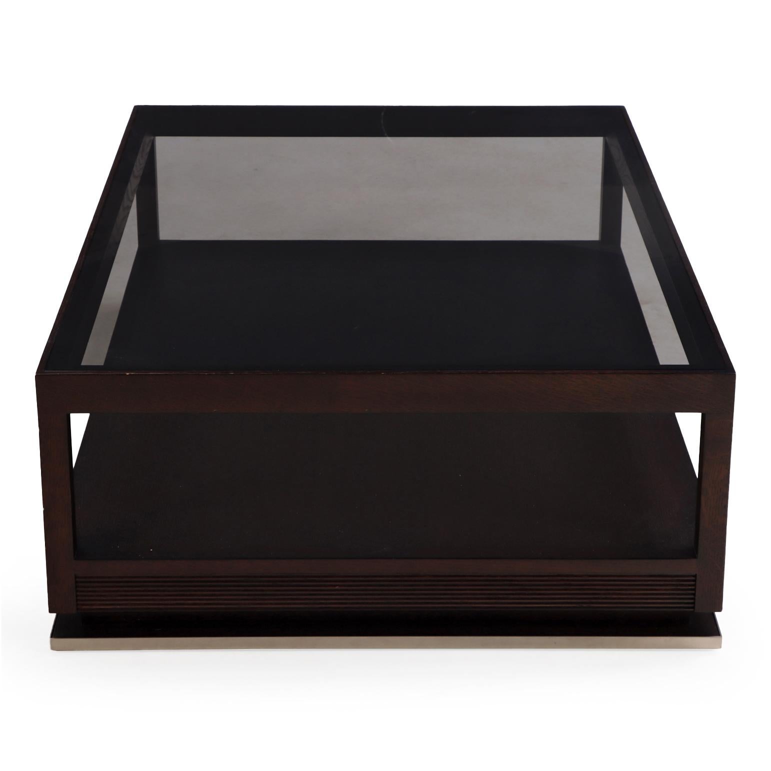 Contemporary Coffee Table, Attributed to Minotti, Glass Top with Espresso Frame In Good Condition For Sale In Philadelphia, PA