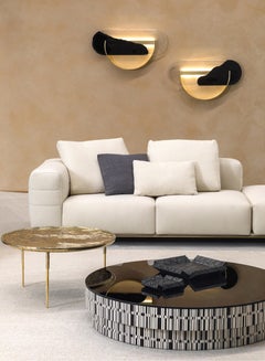 Contemporary Coffee Table by Hessentia, Black&White Inlaid Wood, black glass top
