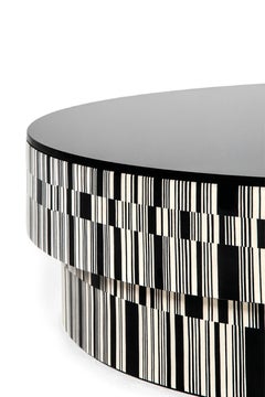 Contemporary Coffee Table by Hessentia, Black&White Inlaid Wood, black glass top