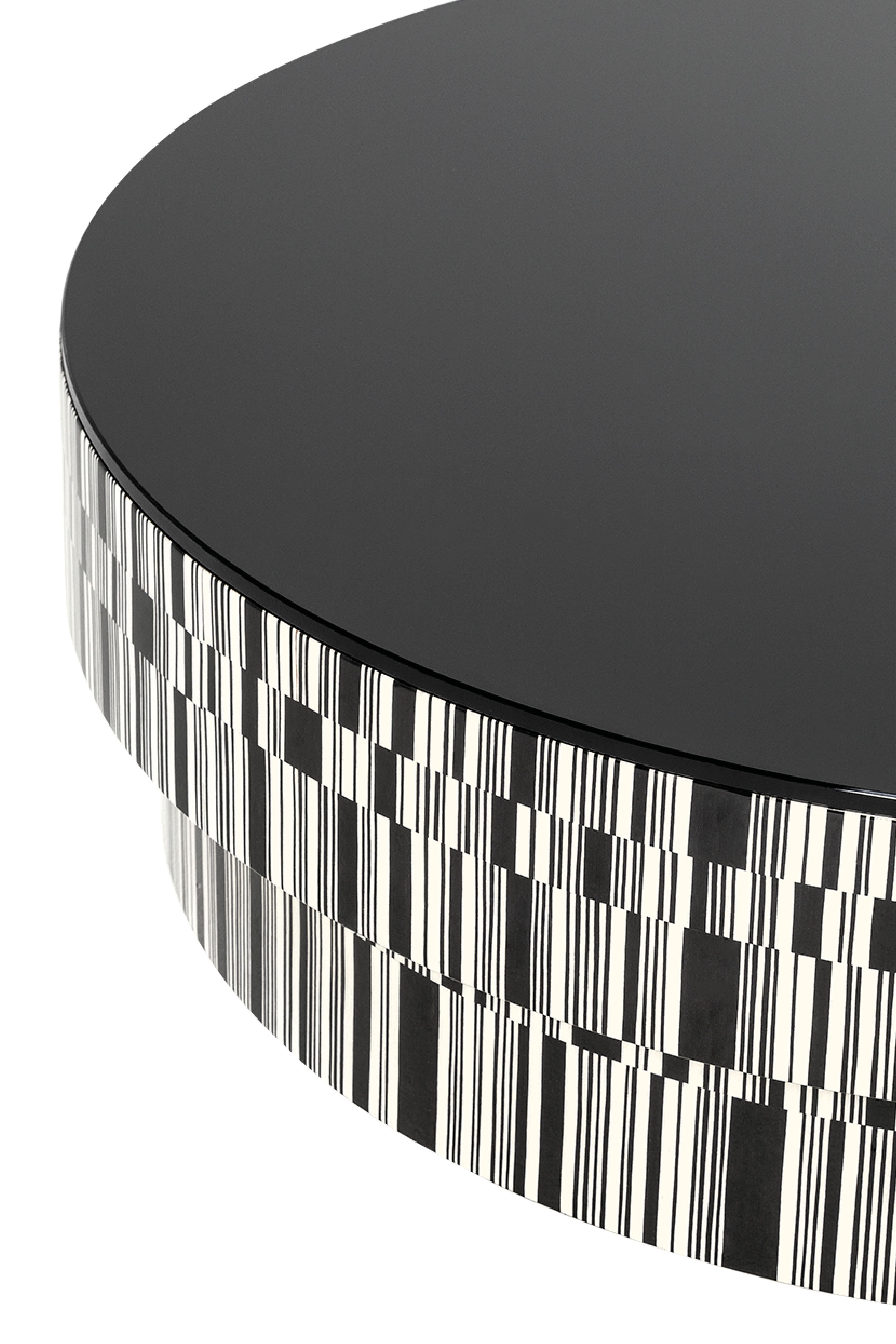Modern Contemporary Coffee Table by Hessentia, Black&White Inlaid Wood, black glass top For Sale