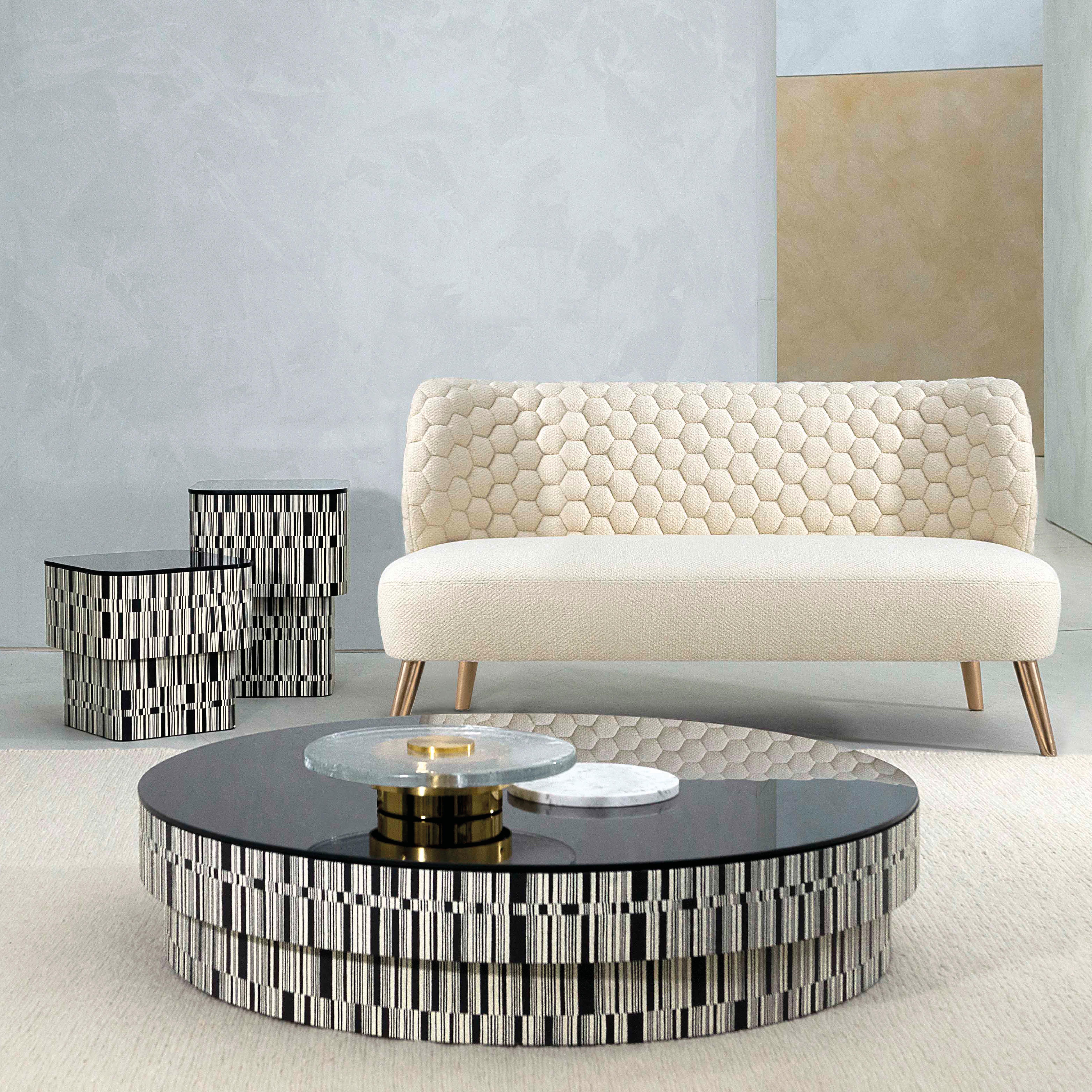 Italian Contemporary Coffee Table by Hessentia, Black&White Inlaid Wood, black glass top For Sale