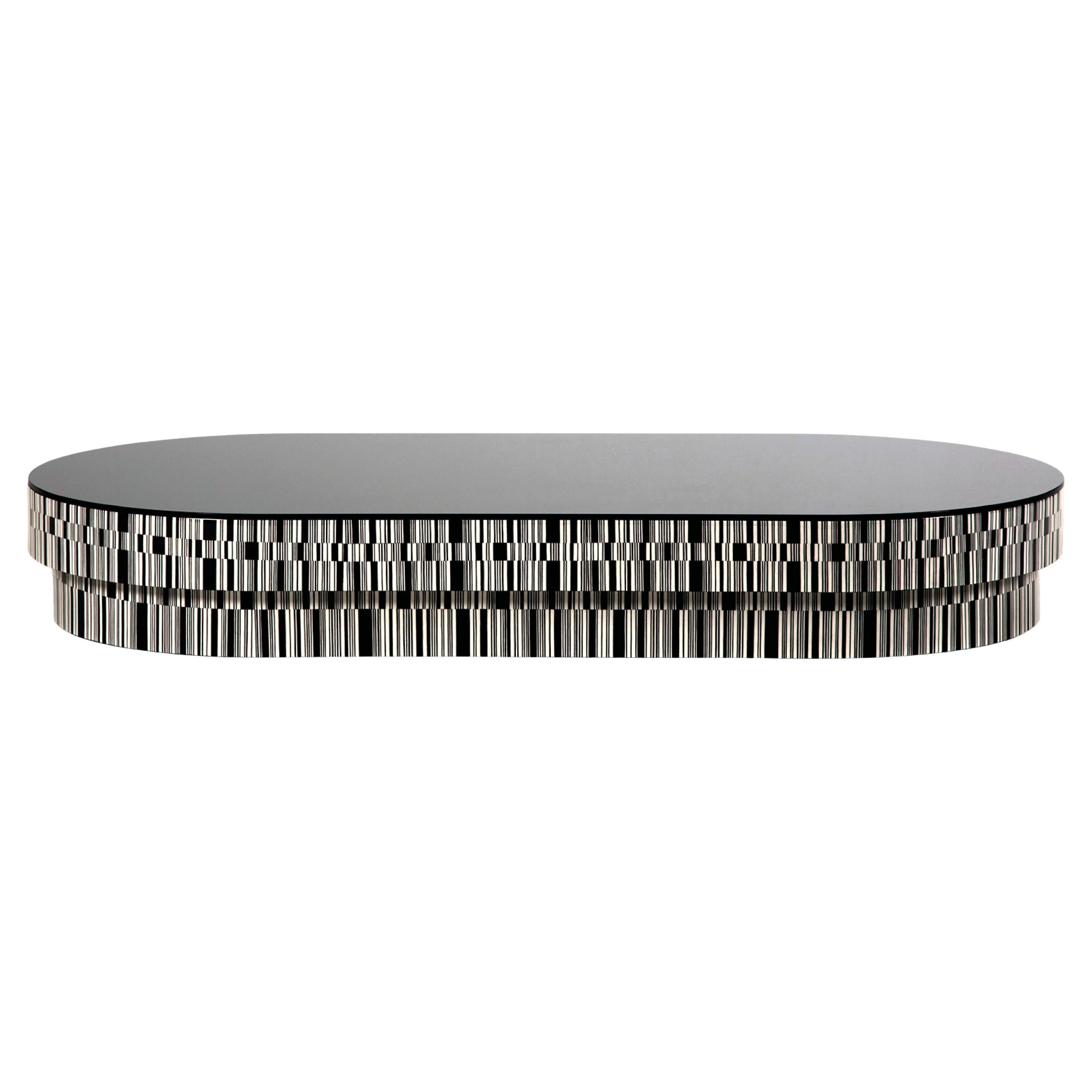 Contemporary Coffee Table by Hessentia, Black&White Inlaid Wood, black glass top For Sale