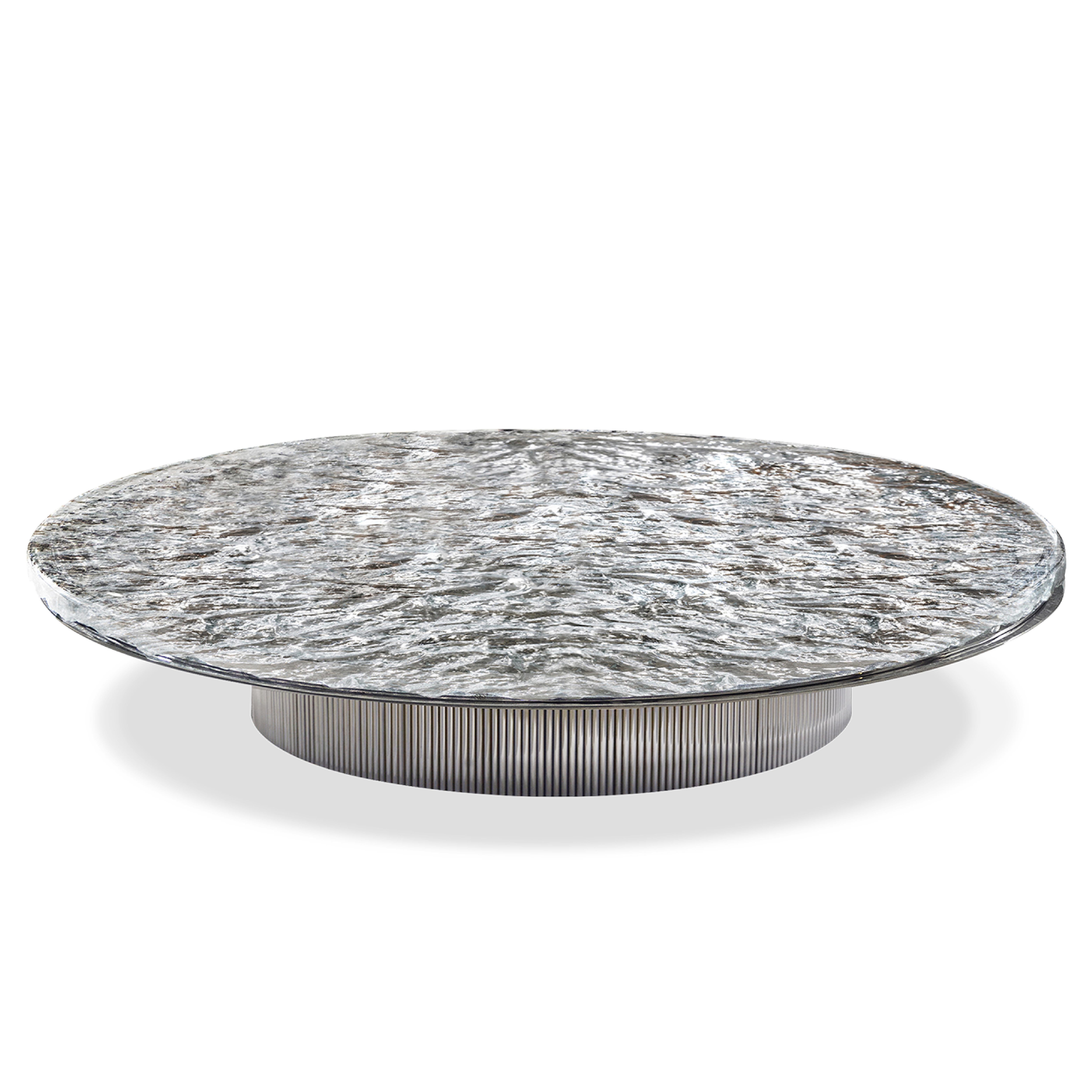 Contemporary Coffee Table by Hessentia, Artistic Glass top, Chrome Metal base