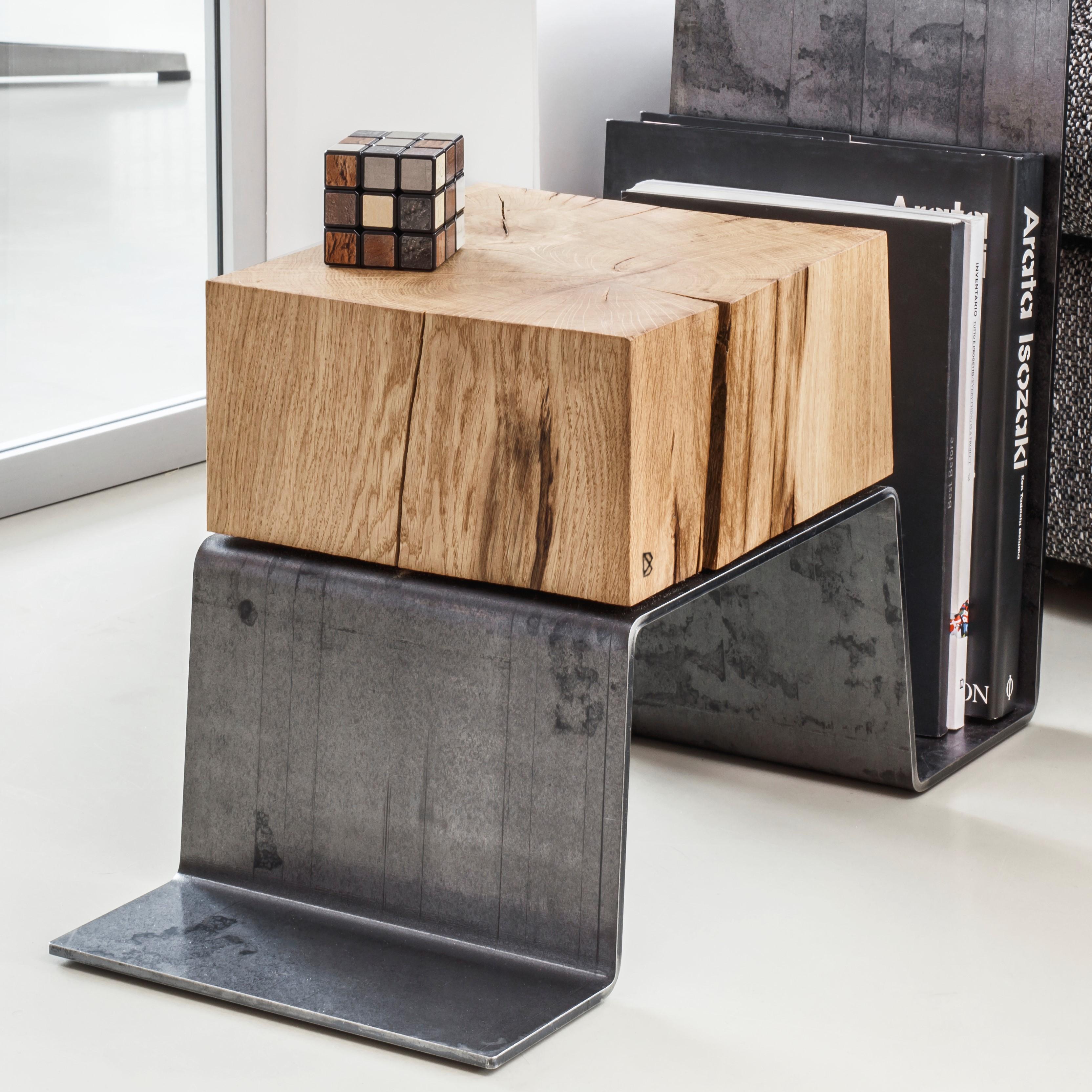 Metalwork Contemporary Coffee Table by Tomasz Danielec, Raw Steel, Vintage Treated Oak For Sale