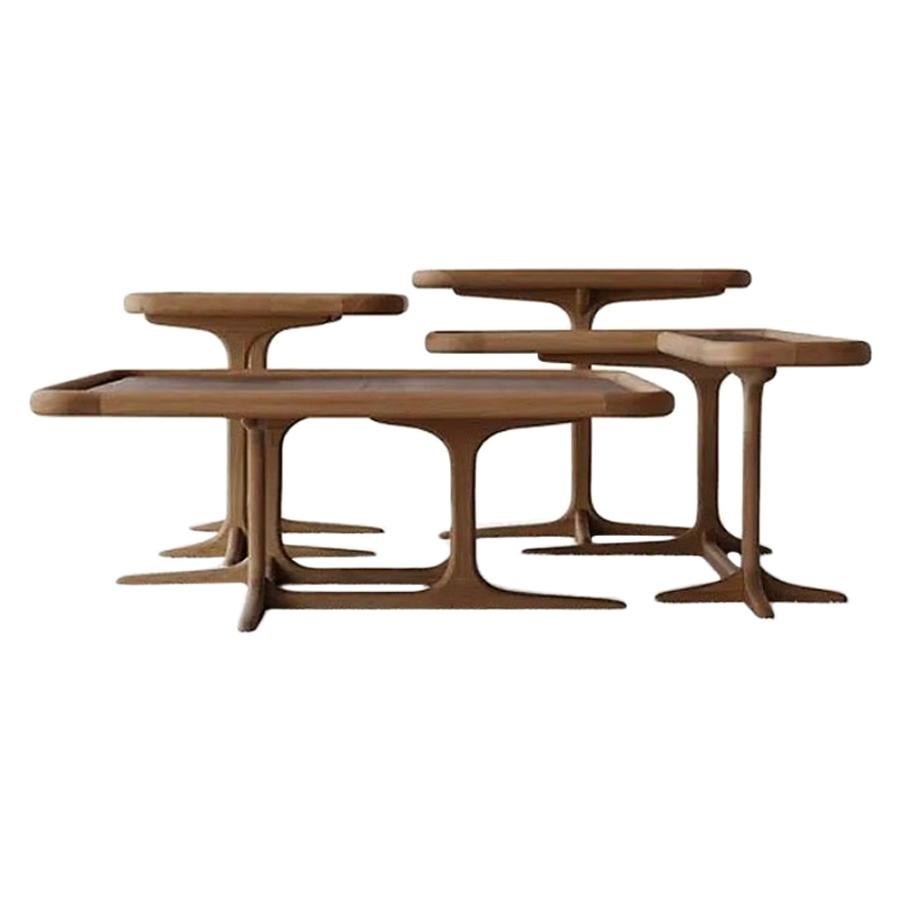 Contemporary Coffee Table Composition in Natural Oak and Firenze Leather