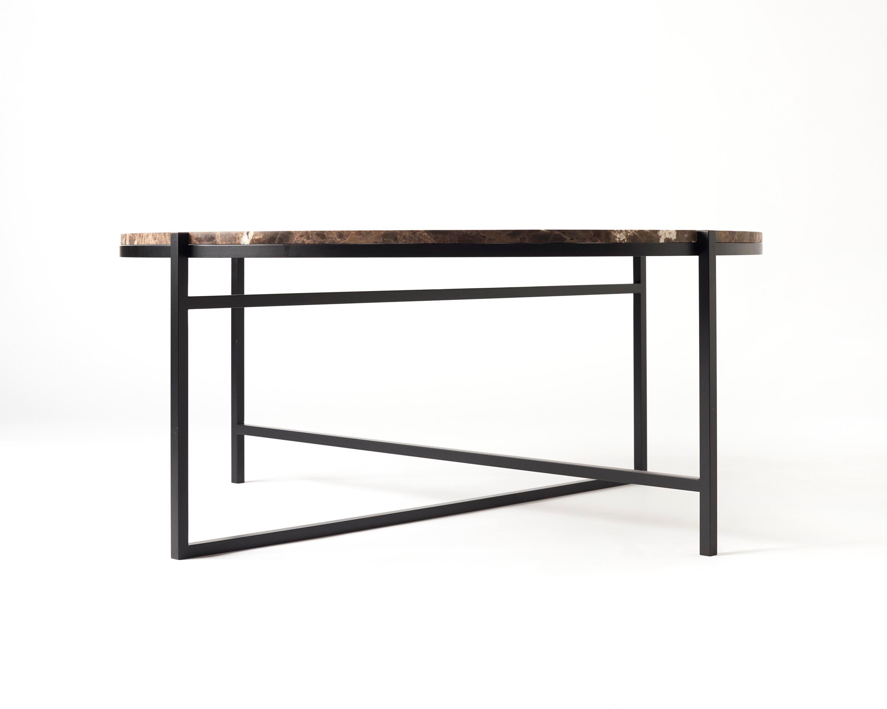 Swiss Contemporary Coffee Table, Emparador Dark Marble, Minimalist, Modern, Unique For Sale