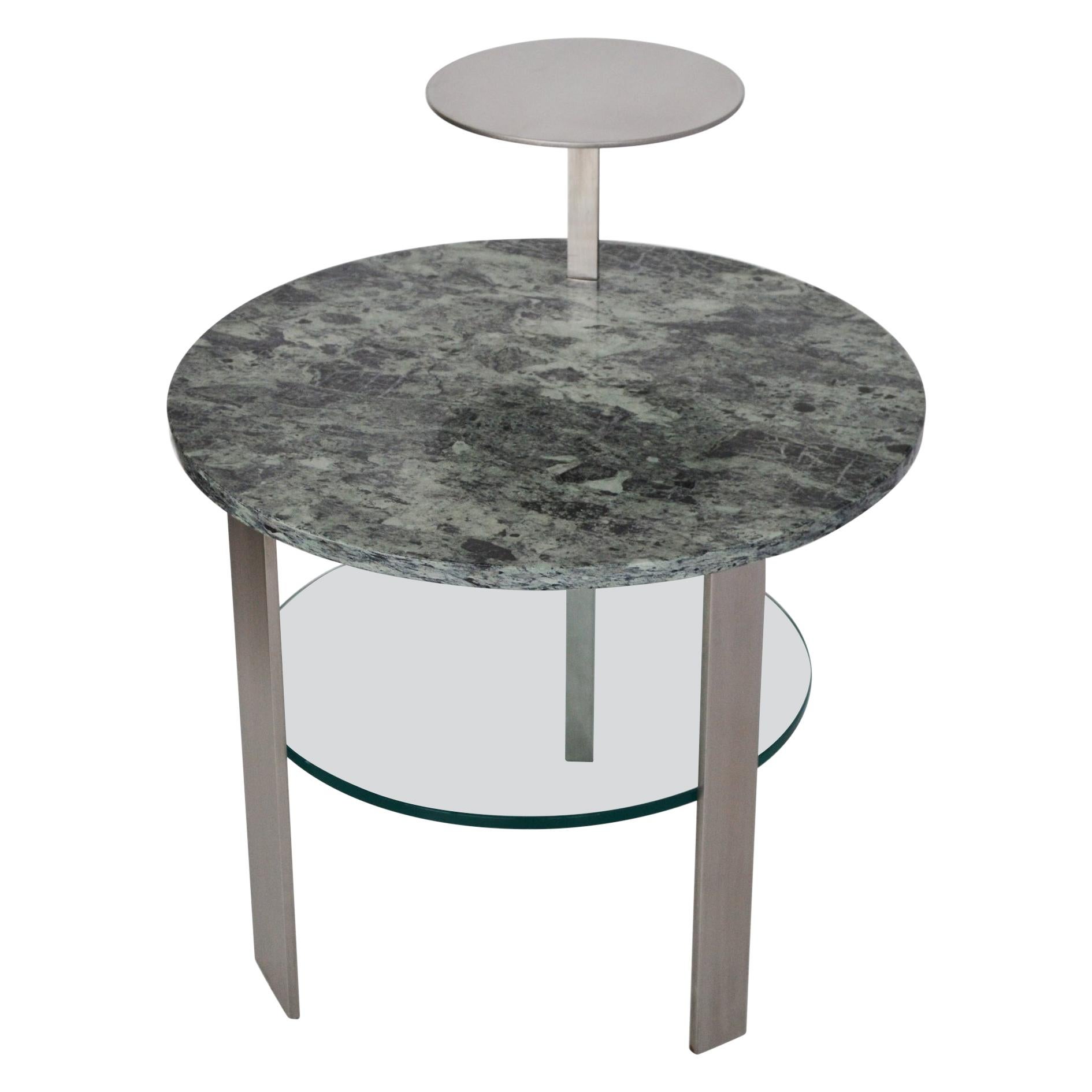 Table basse ronde moderne du milieu du siècle dernier, plateau en marbre vert, verre  Base en acier satiné