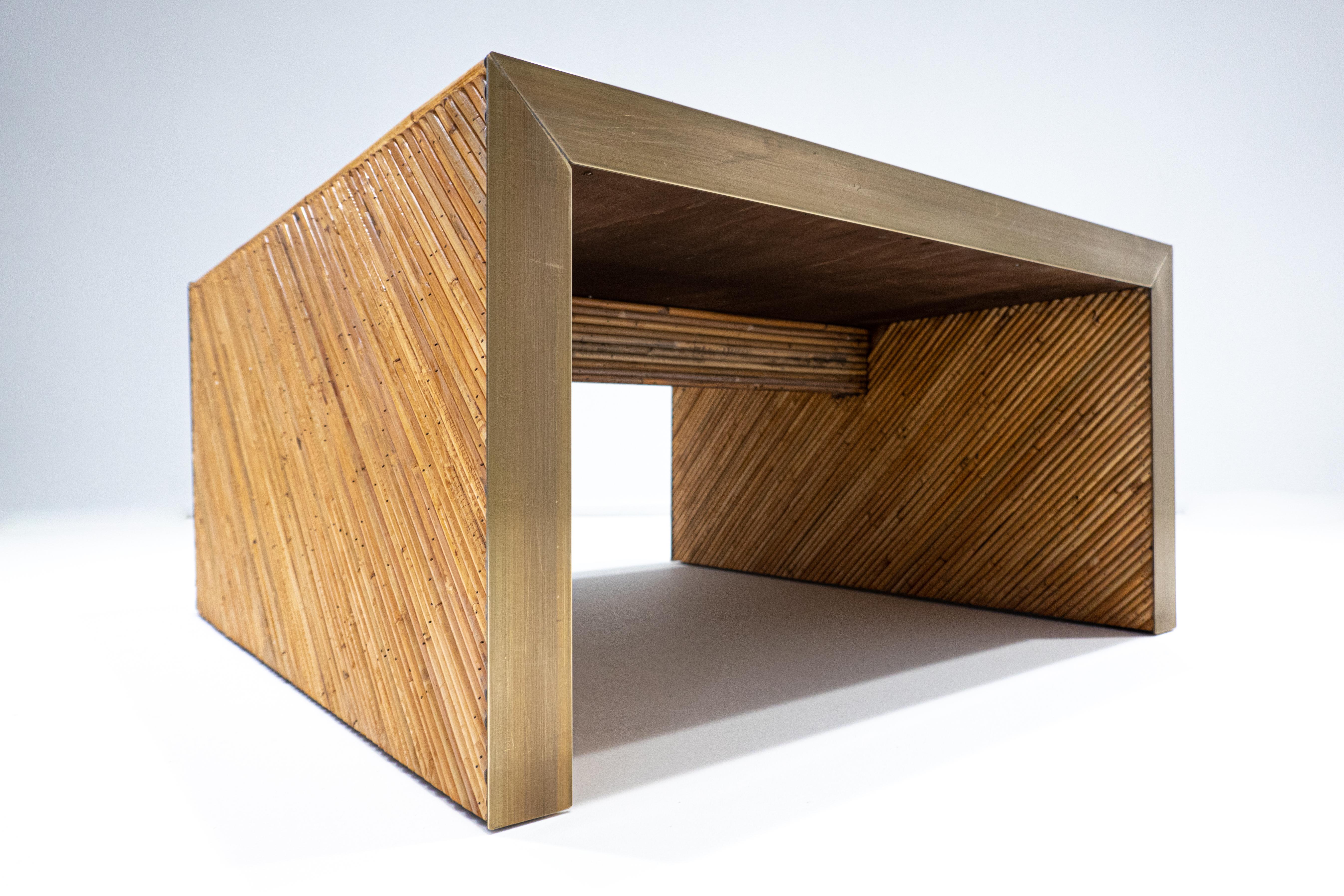 Italian Contemporary Coffee Table in Bamboo and Brass, Italy, Two Available For Sale