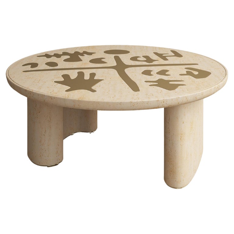 Contemporary Coffee Table in Roman Travertino and Brass For Sale at 1stDibs
