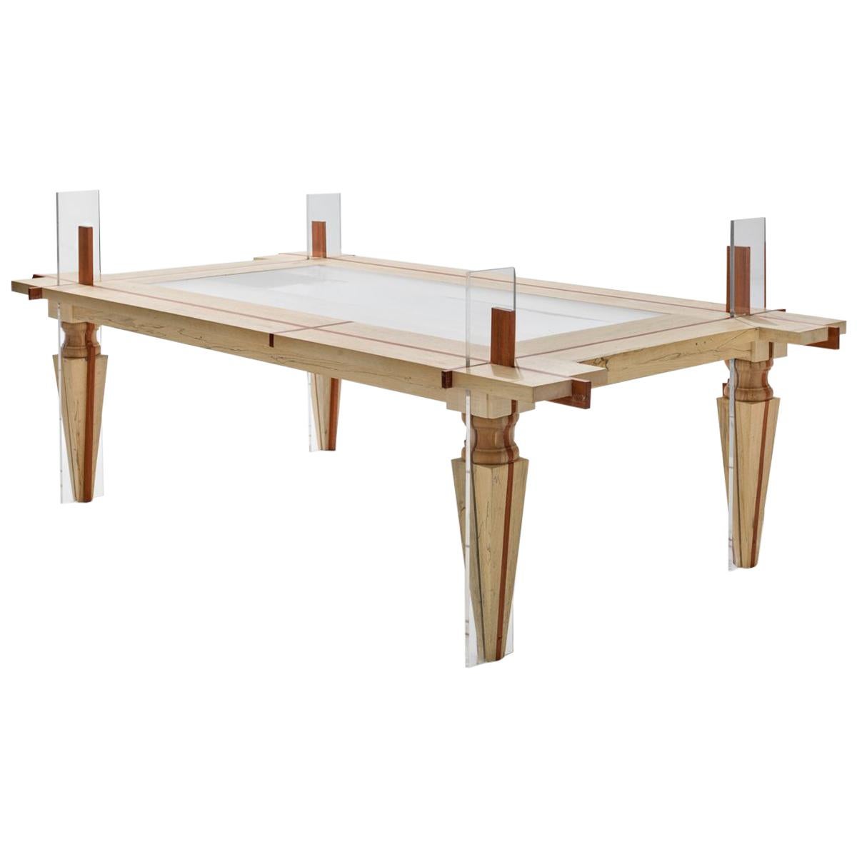 Contemporary Coffee-Table Just Contrast with Mixed Woods and Transparent Acrylic For Sale
