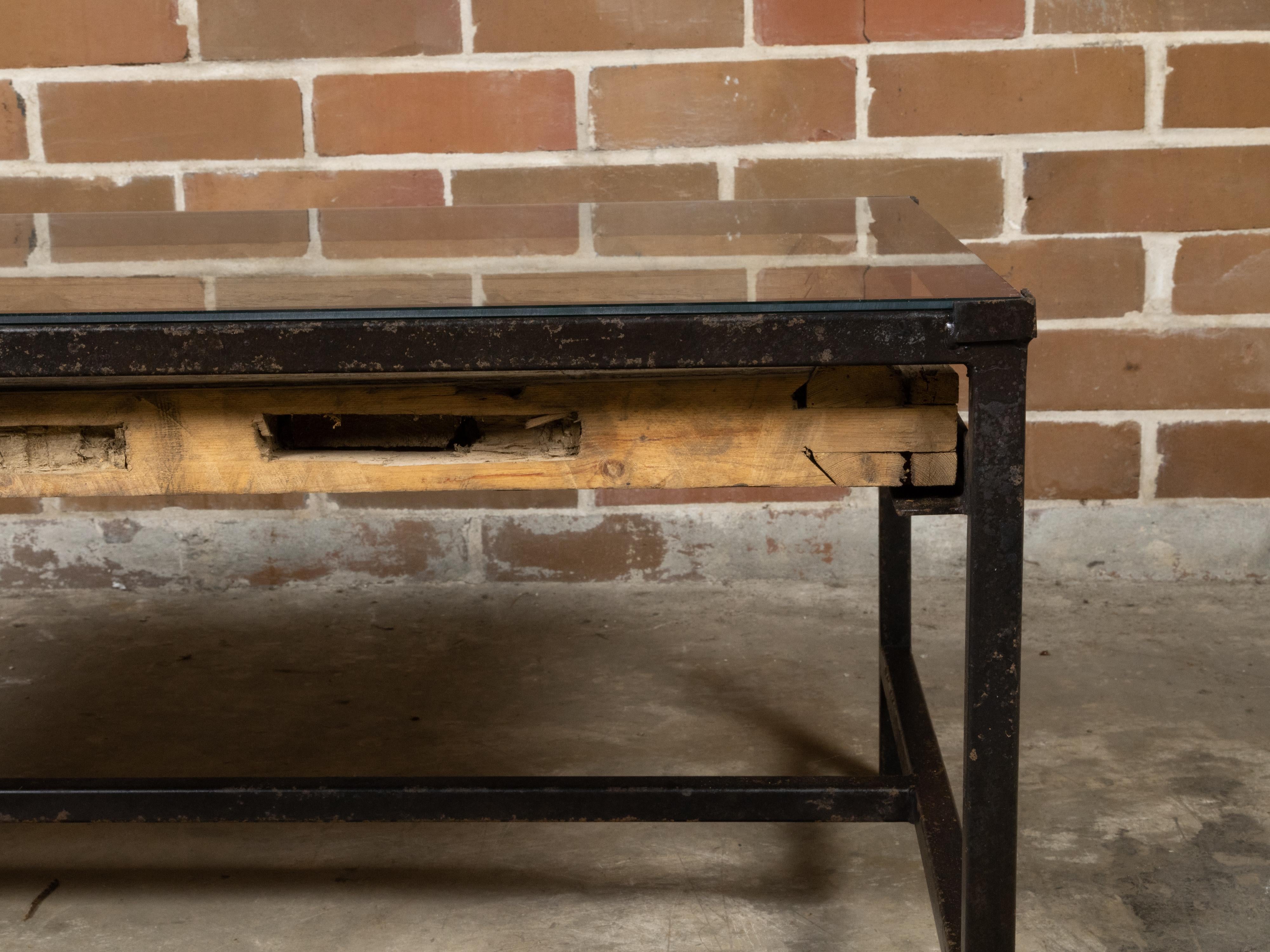 Contemporary Coffee Table Made with Antique Door Fragment on Custom Iron Base For Sale 4