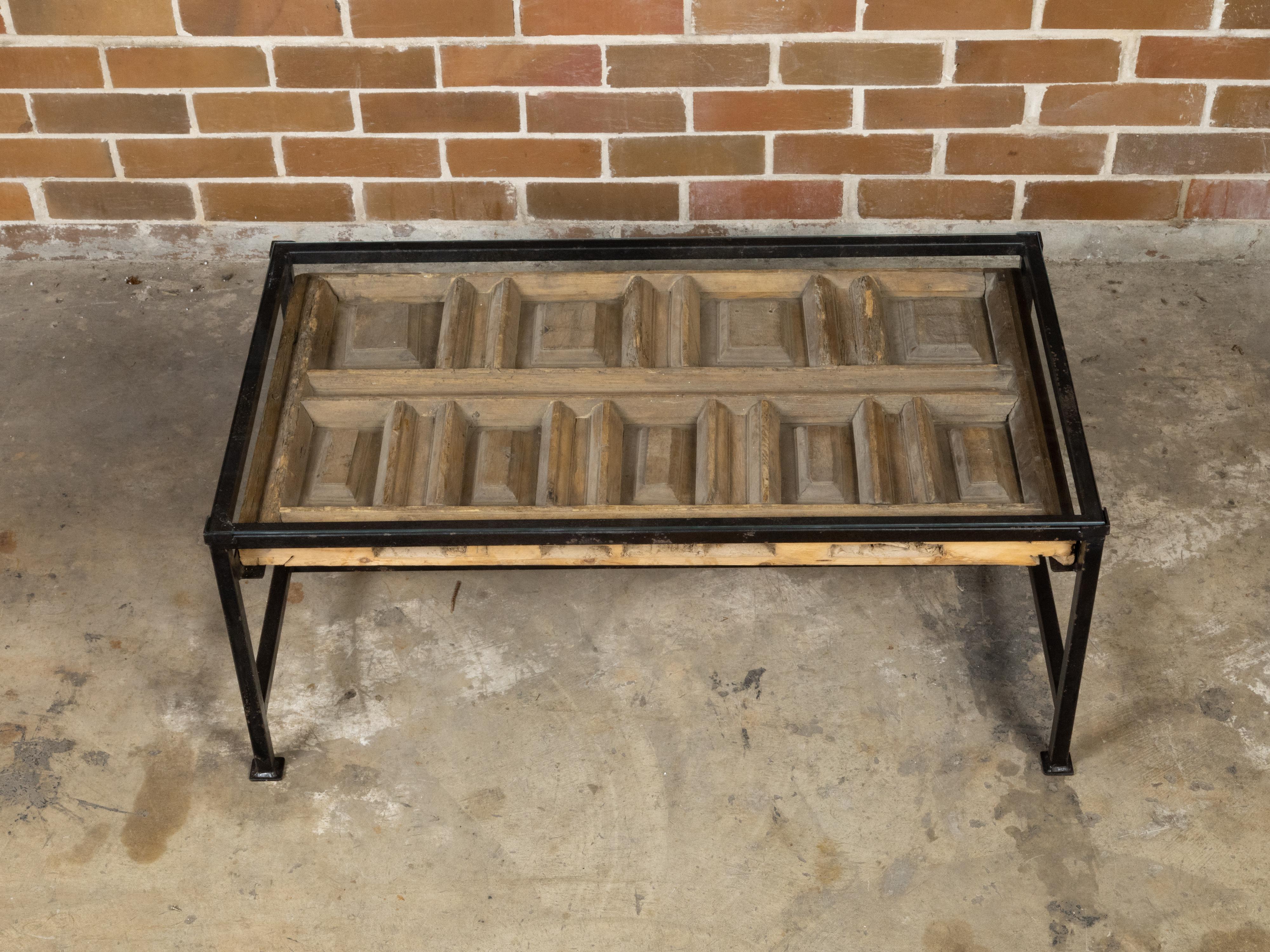 American Contemporary Coffee Table Made with Antique Door Fragment on Custom Iron Base For Sale