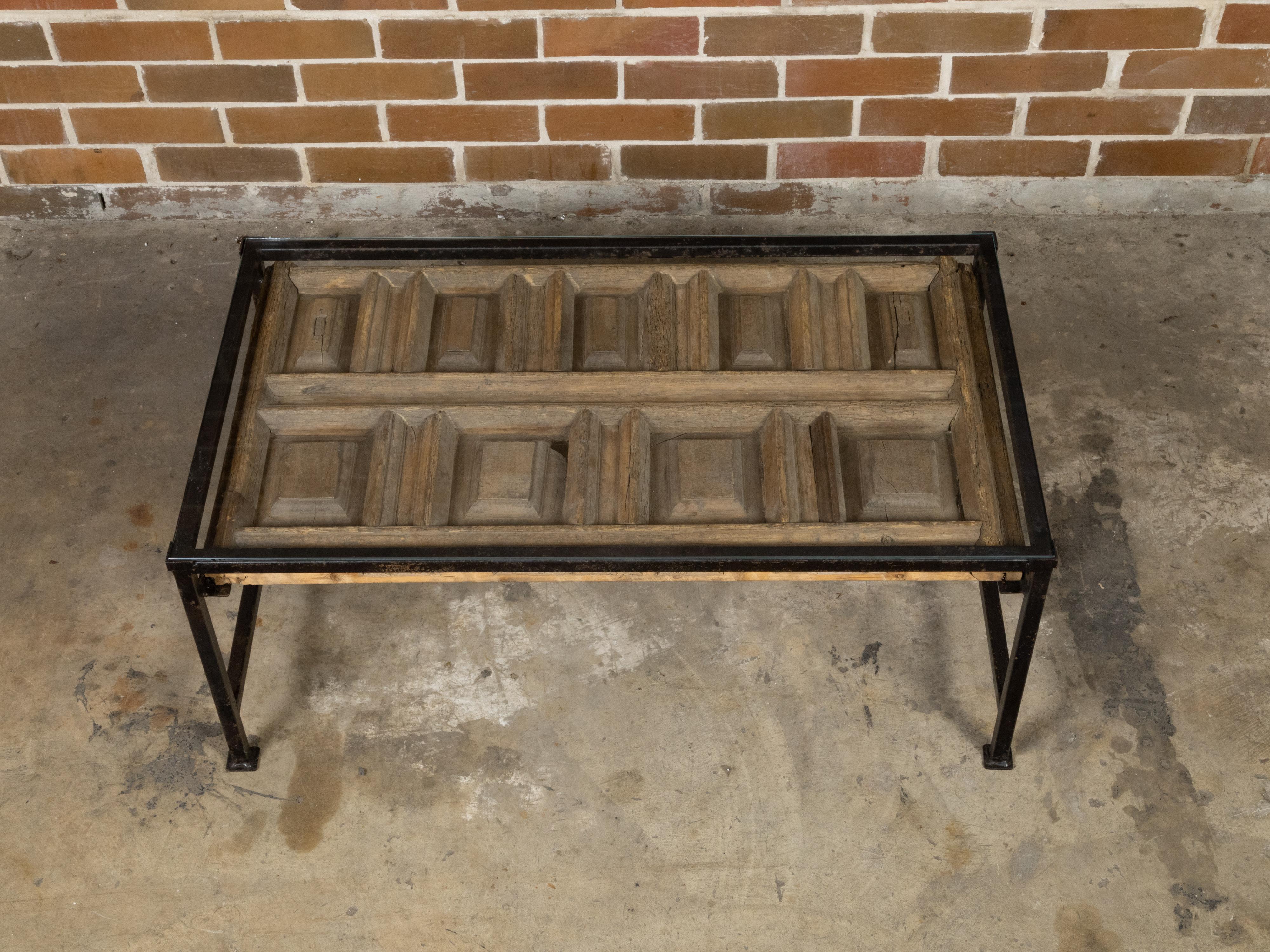 American Contemporary Coffee Table Made with Antique Door Fragment on Custom Iron Base For Sale