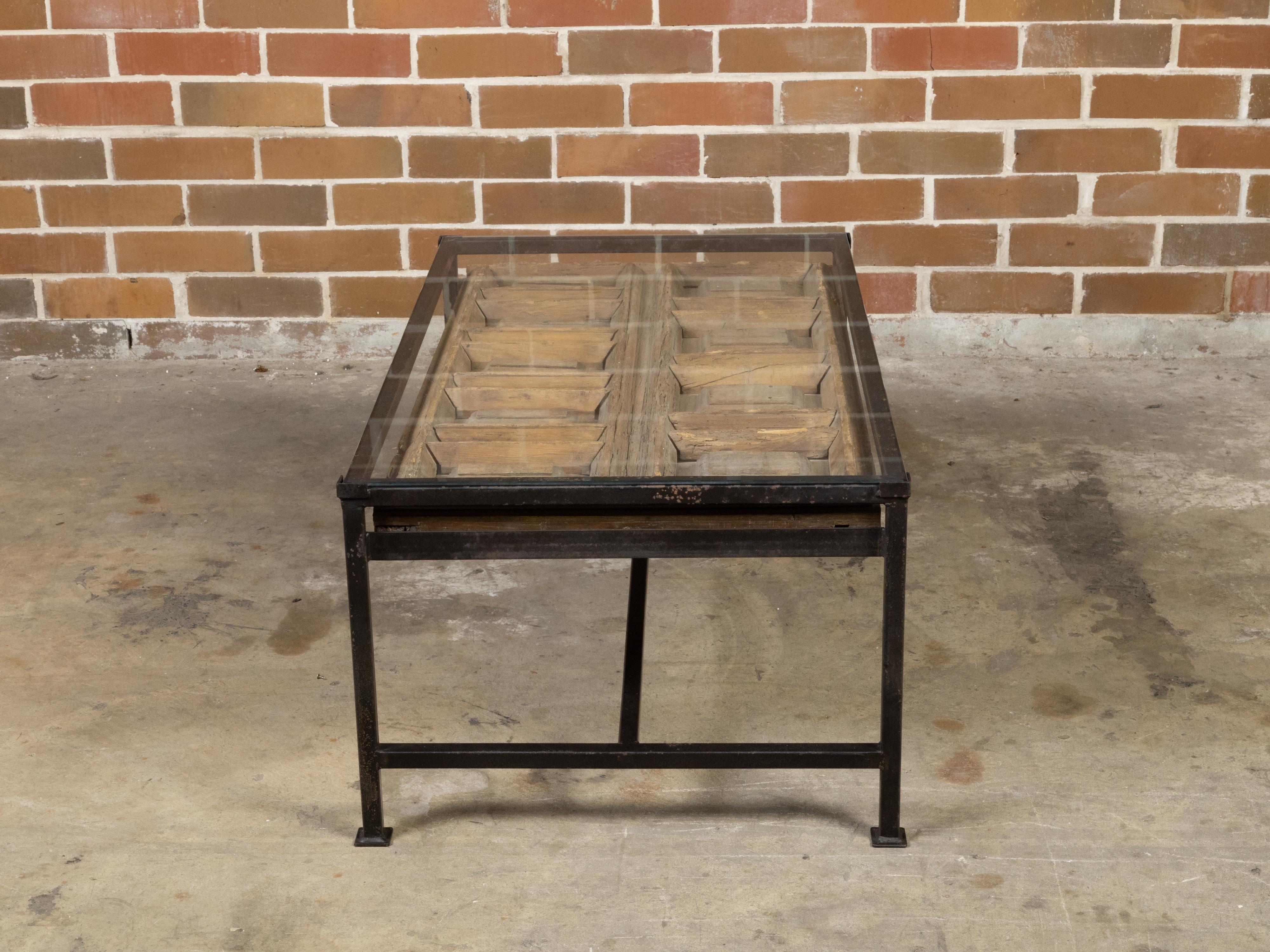 Contemporary Coffee Table Made with Antique Door Fragment on Custom Iron Base In Good Condition For Sale In Atlanta, GA