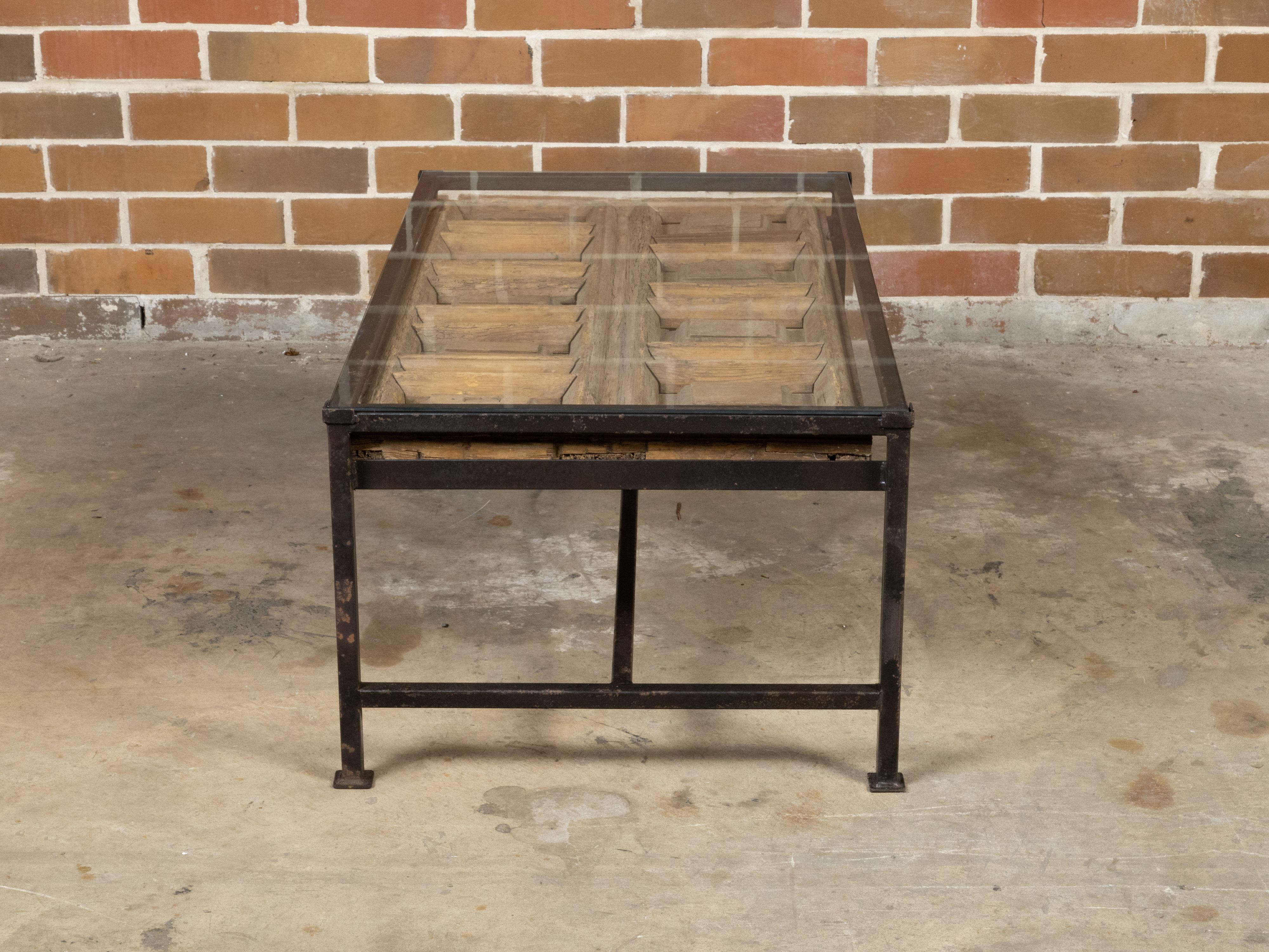 Contemporary Coffee Table Made with Antique Door Fragment on Custom Iron Base In Good Condition For Sale In Atlanta, GA