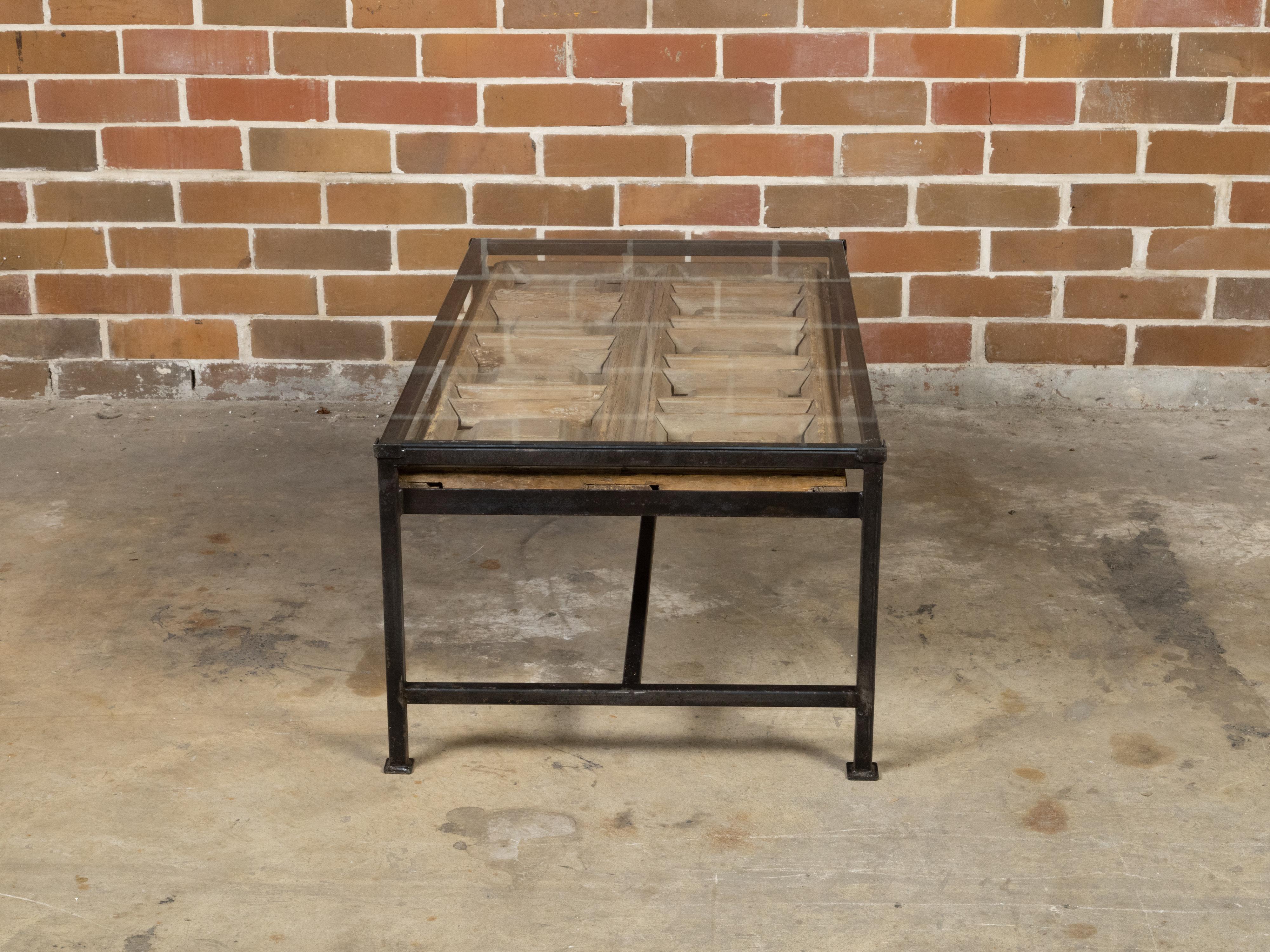 Contemporary Coffee Table Made with Antique Door Fragment on Custom Iron Base For Sale 1