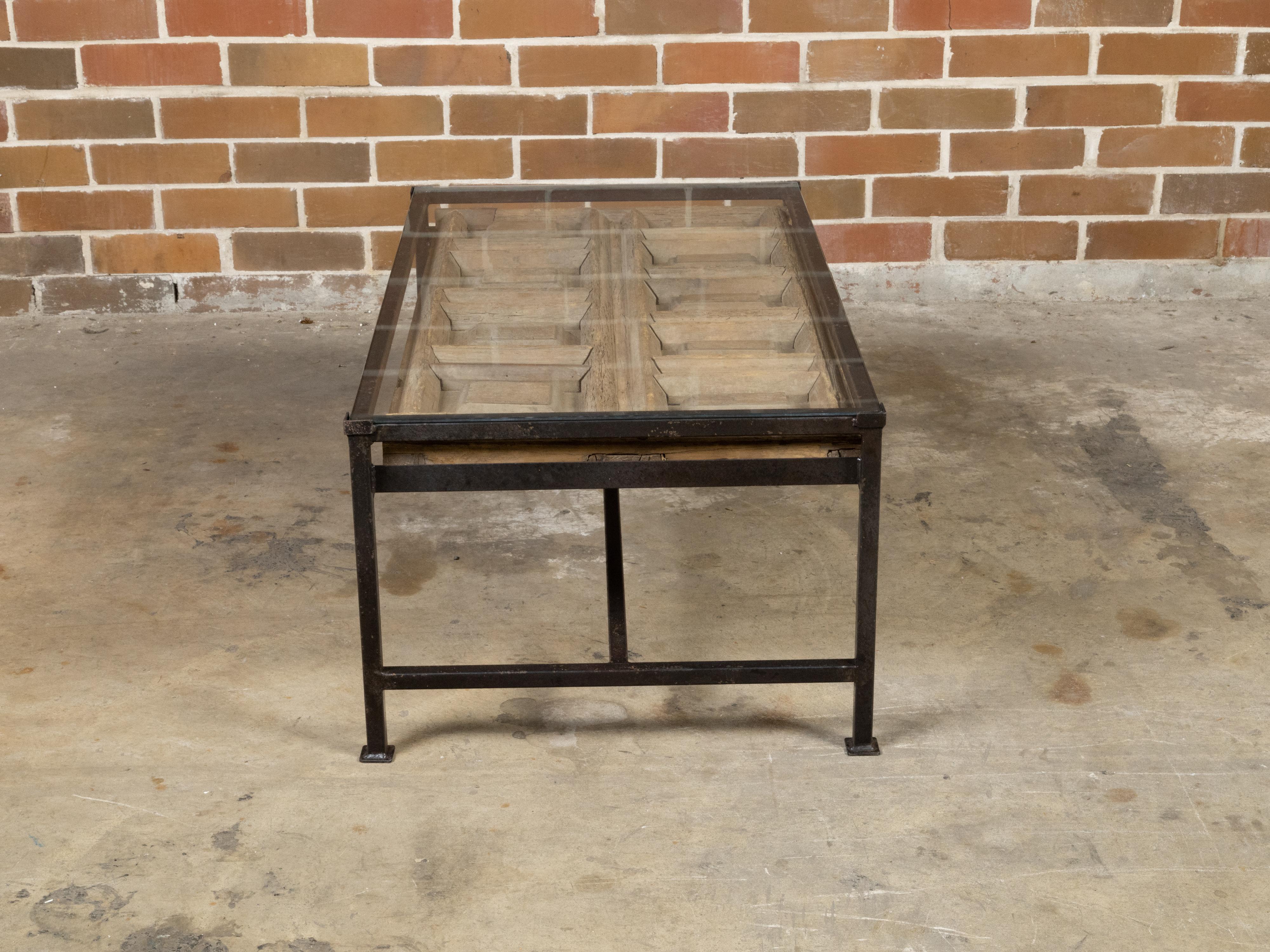 Contemporary Coffee Table Made with Antique Door Fragment on Custom Iron Base For Sale 1