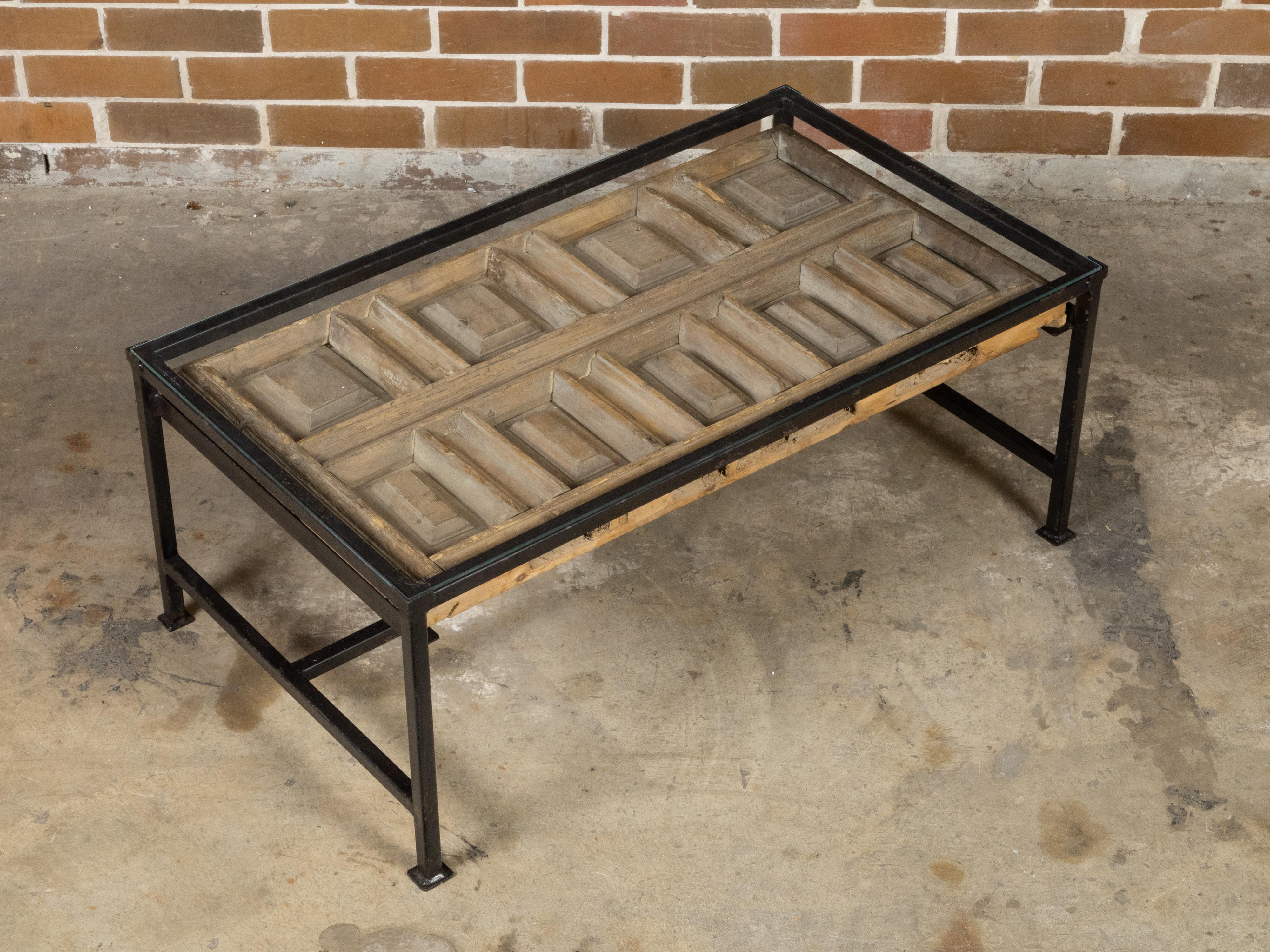 Contemporary Coffee Table Made with Antique Door Fragment on Custom Iron Base For Sale 2