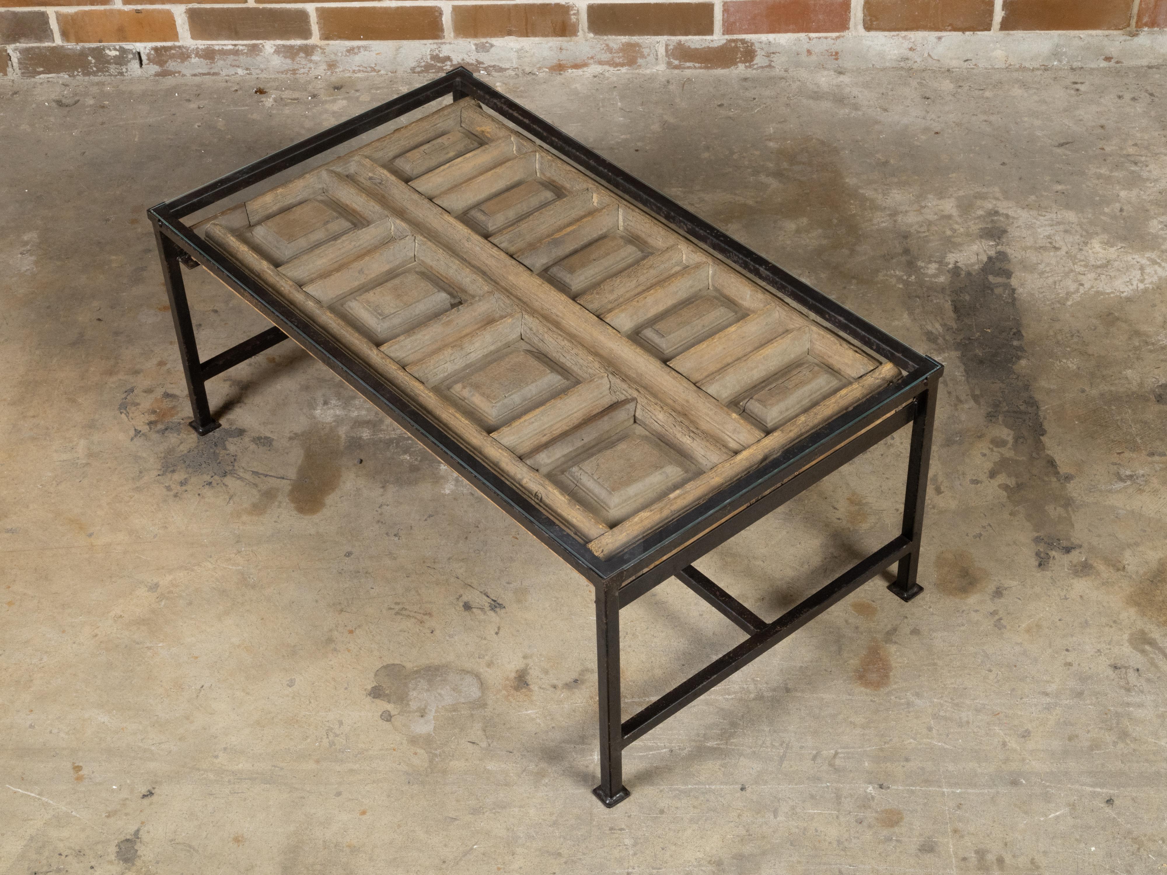 Contemporary Coffee Table Made with Antique Door Fragment on Custom Iron Base For Sale 2
