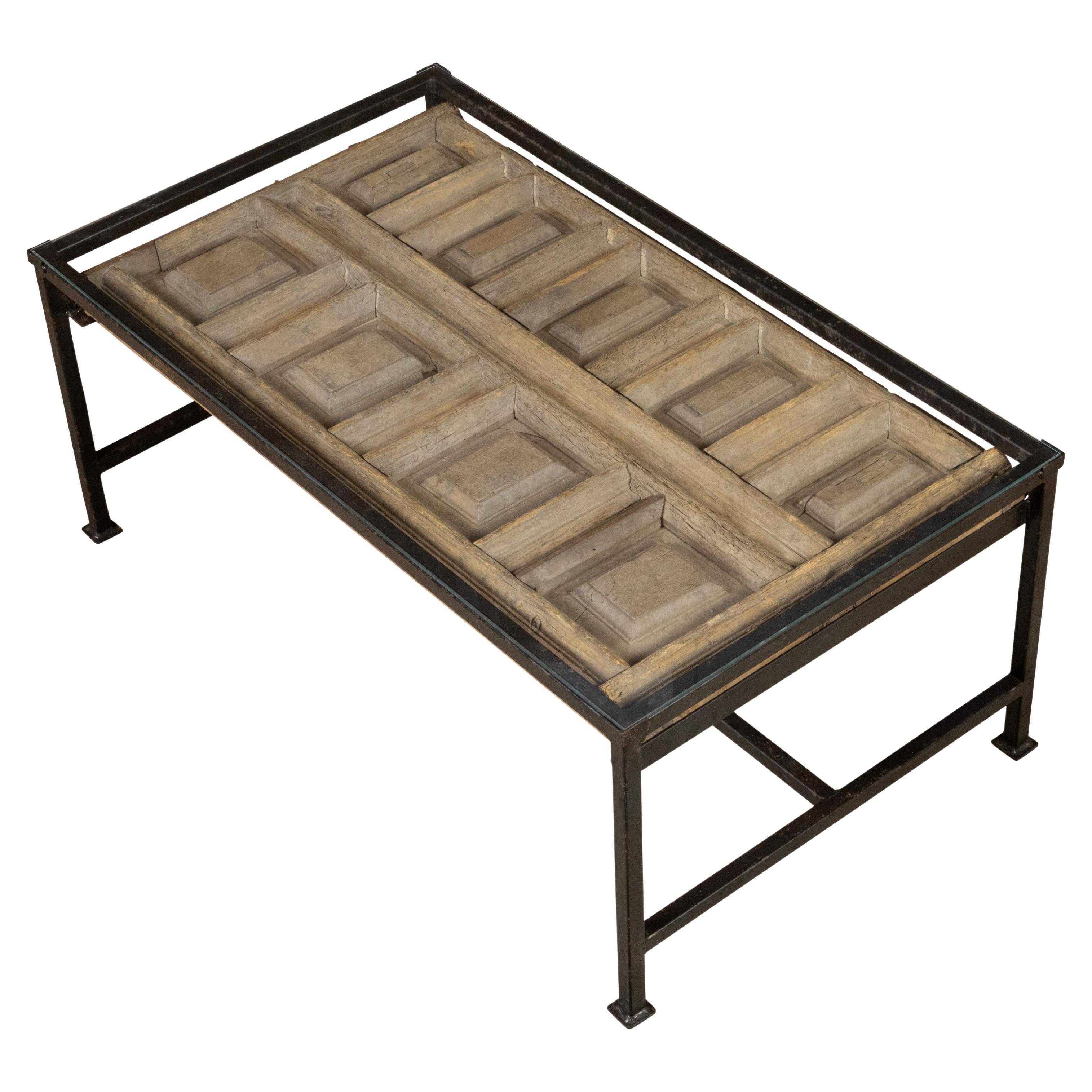 Contemporary Coffee Table Made with Antique Door Fragment on Custom Iron Base For Sale