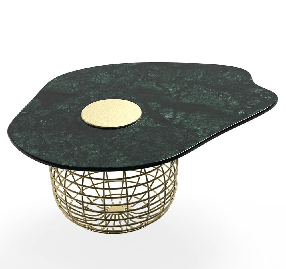 European Contemporary Coffee Table Offered In Green Marble & Brushed Brass For Sale