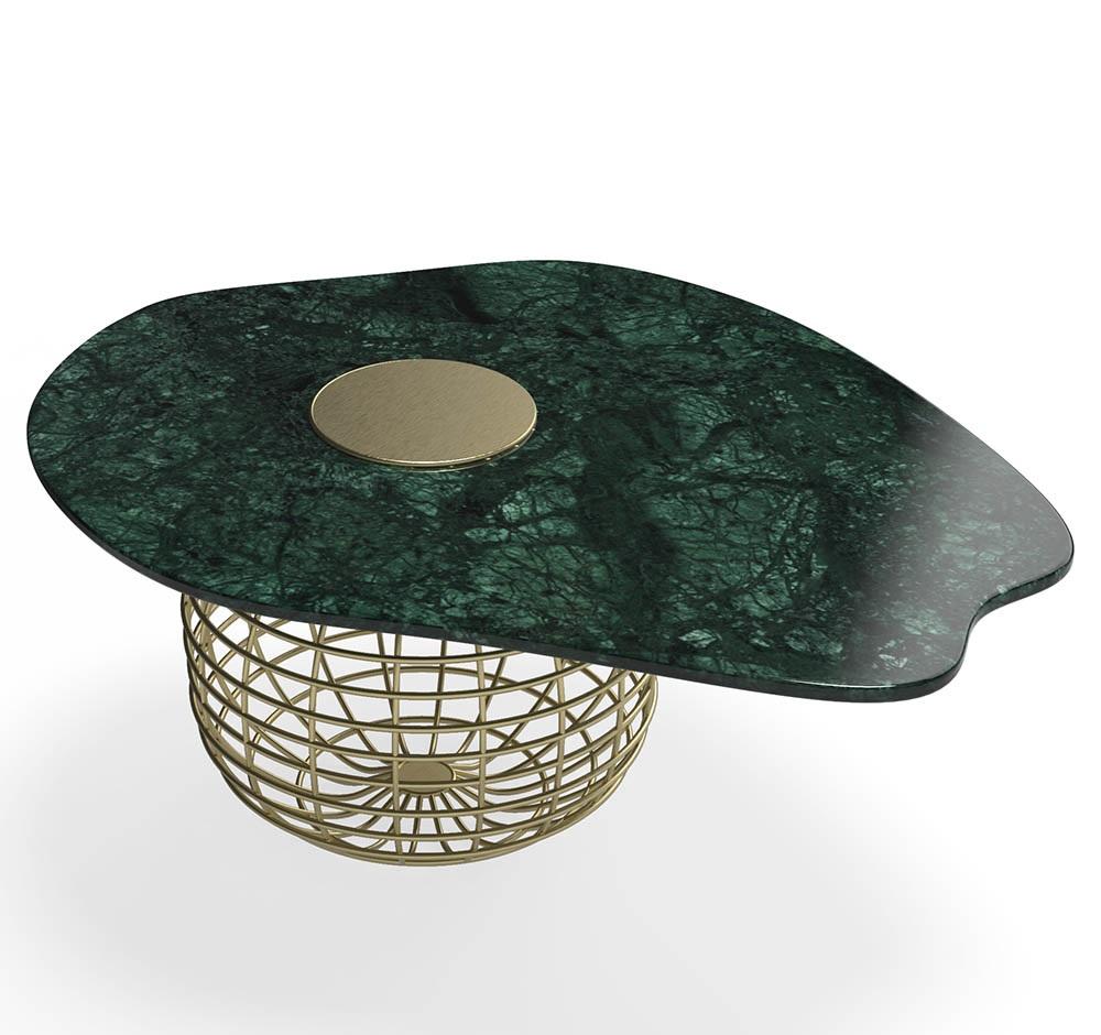Contemporary Coffee Table Offered In Green Marble & Brushed Brass For Sale 1