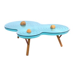 Contemporary Coffee Table "Ondulação", Lacquered Blue